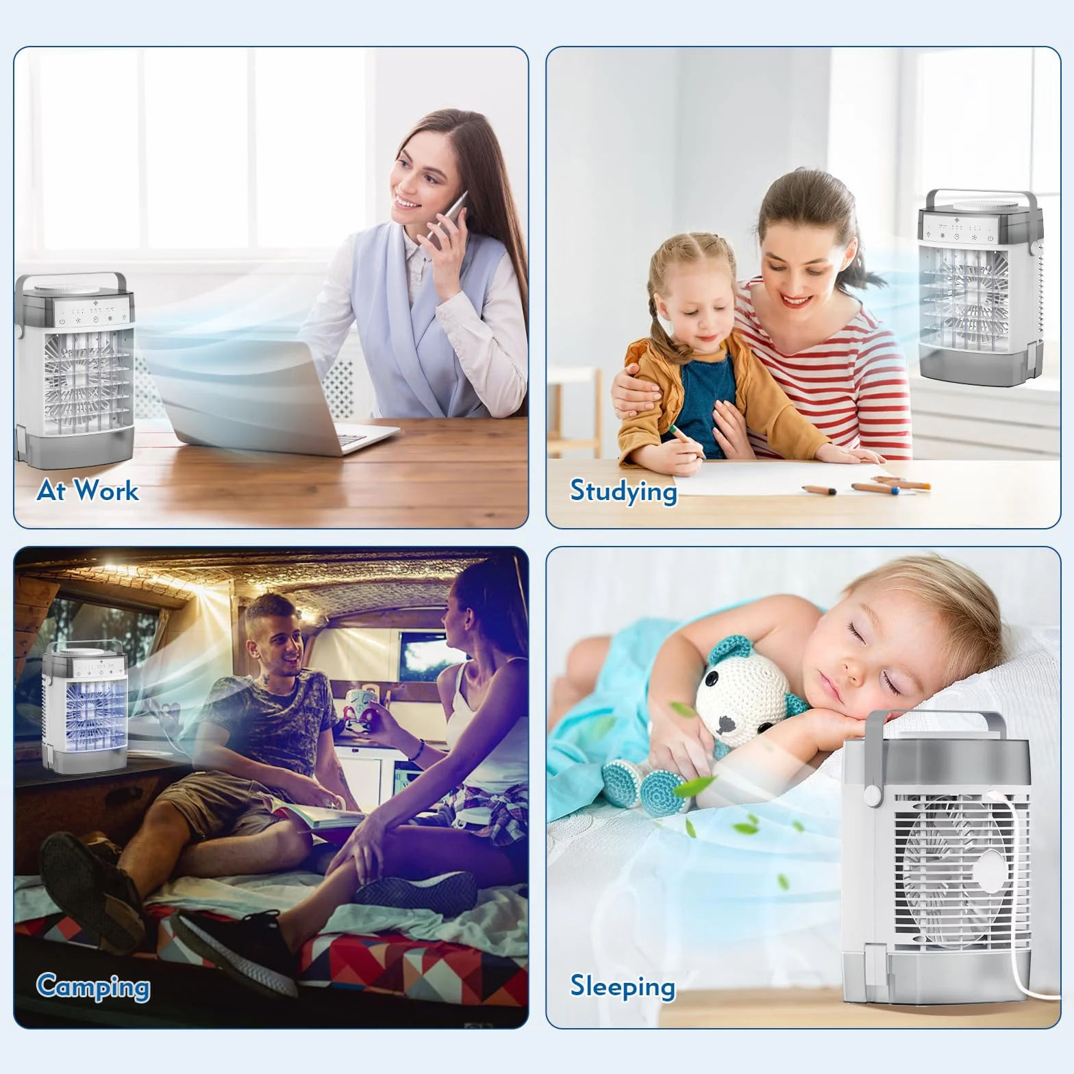 Przenośny klimatyzator, klimatyzator 3 w 1, osobisty mini klimatyzator ze zbiornikiem wody 1000 ml, timer 2/4/6h, mały wentylator chłodzący ładowany przez USB (adapter 5 V 2 A) do