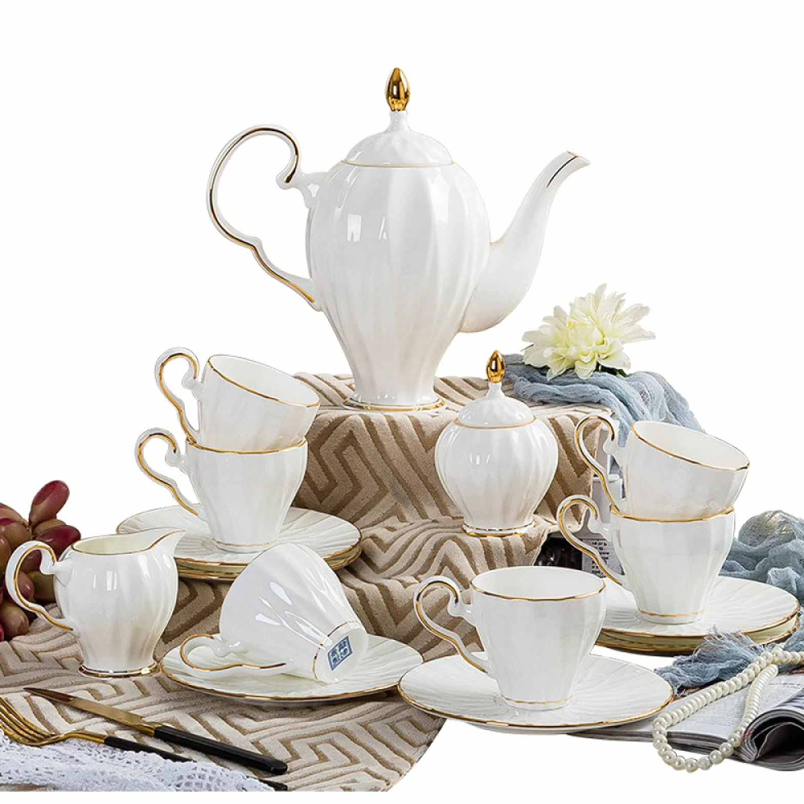 Porcelanowy zestaw do herbaty, zestaw do herbaty dla dorosłych Porcelanowa kawa i herbata zestawy upominkowe filiżanki i dla 6 osób z ceramicznym czajniczkiem, cukiernicą