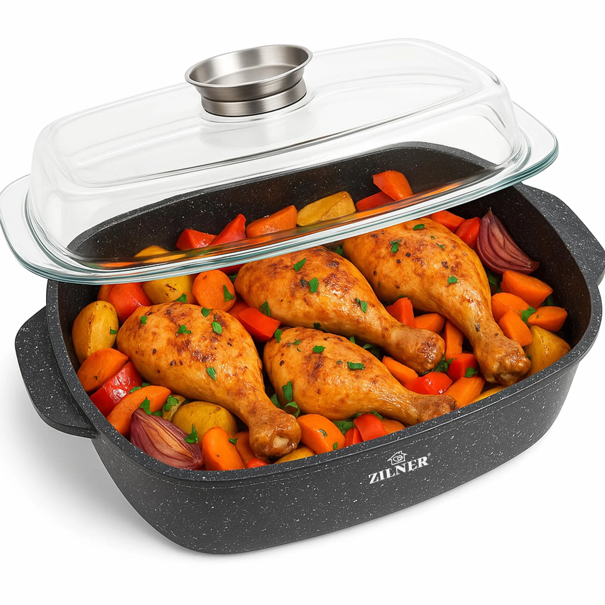 Naczynie do pieczenia 5,5 l z marmurową powłoką nieprzywierającą – 32 cm – szklana pokrywka z przyciskiem aromatyzującym – nadaje się do płyt indukcyjnych – aluminium – nadaje się do piekarnika