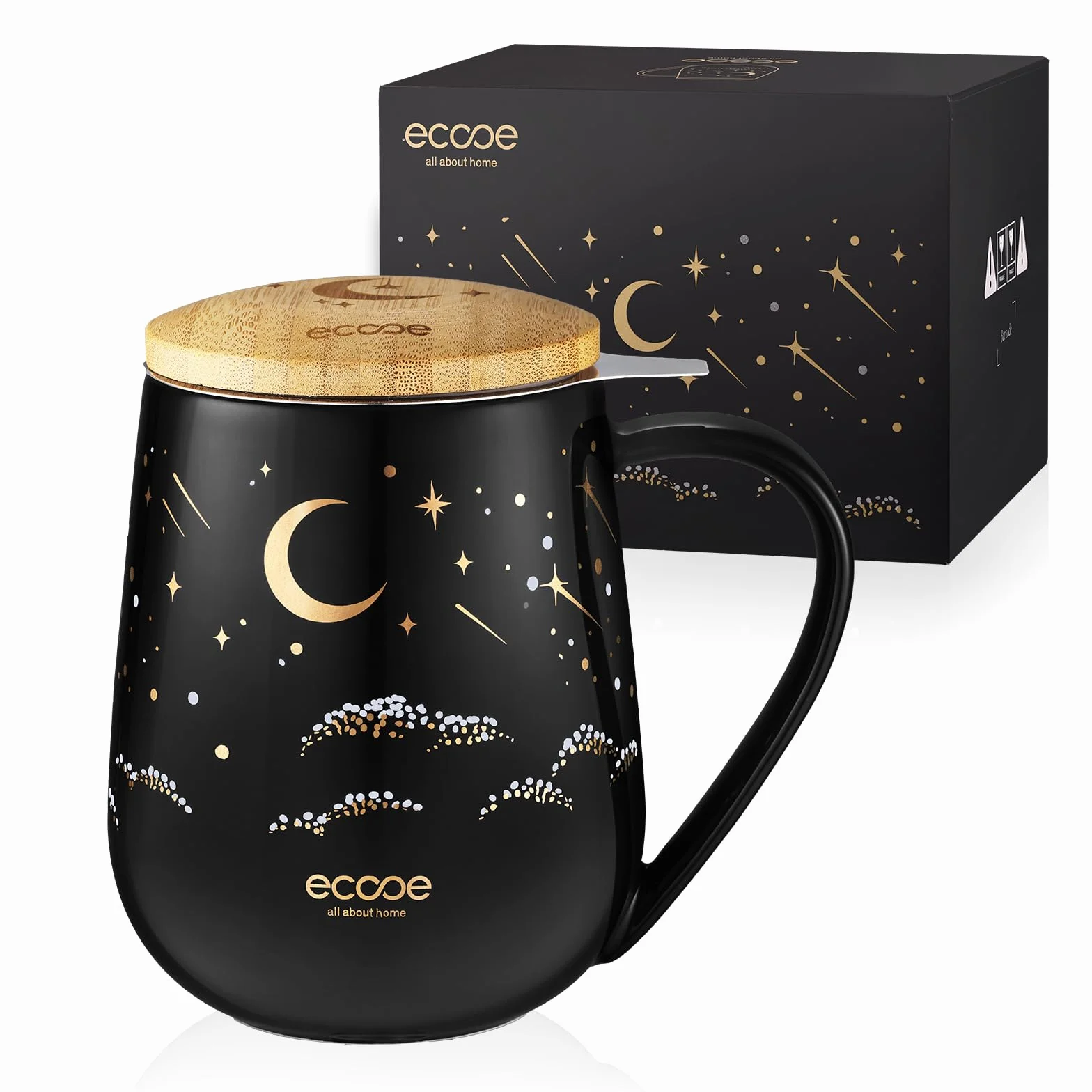 ecooe Filiżanka do herbaty z pokrywką i sitkiem – 600 ml ceramiczna filiżanka do herbaty, duże filiżanki do herbaty z sitkiem i pokrywką, czarne ceramiczne kubki do herbaty zestaw z uchwytem na
