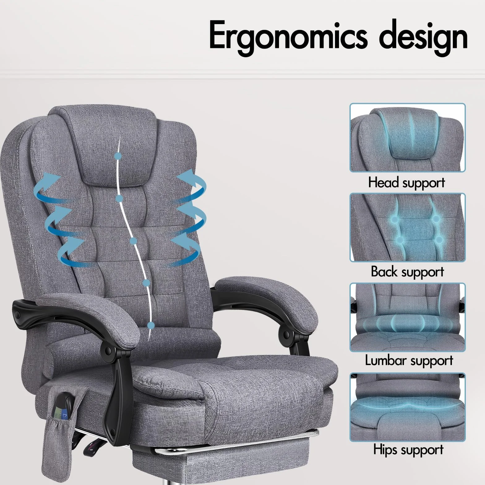 ALFORDSON Ergonomiczne krzesło biurowe, z funkcją masażu ciepła, lniane krzesło komputerowe z wyściełanymi podłokietnikami i miękkim zagłówkiem, krzesło obrotowe z kółkami, szare