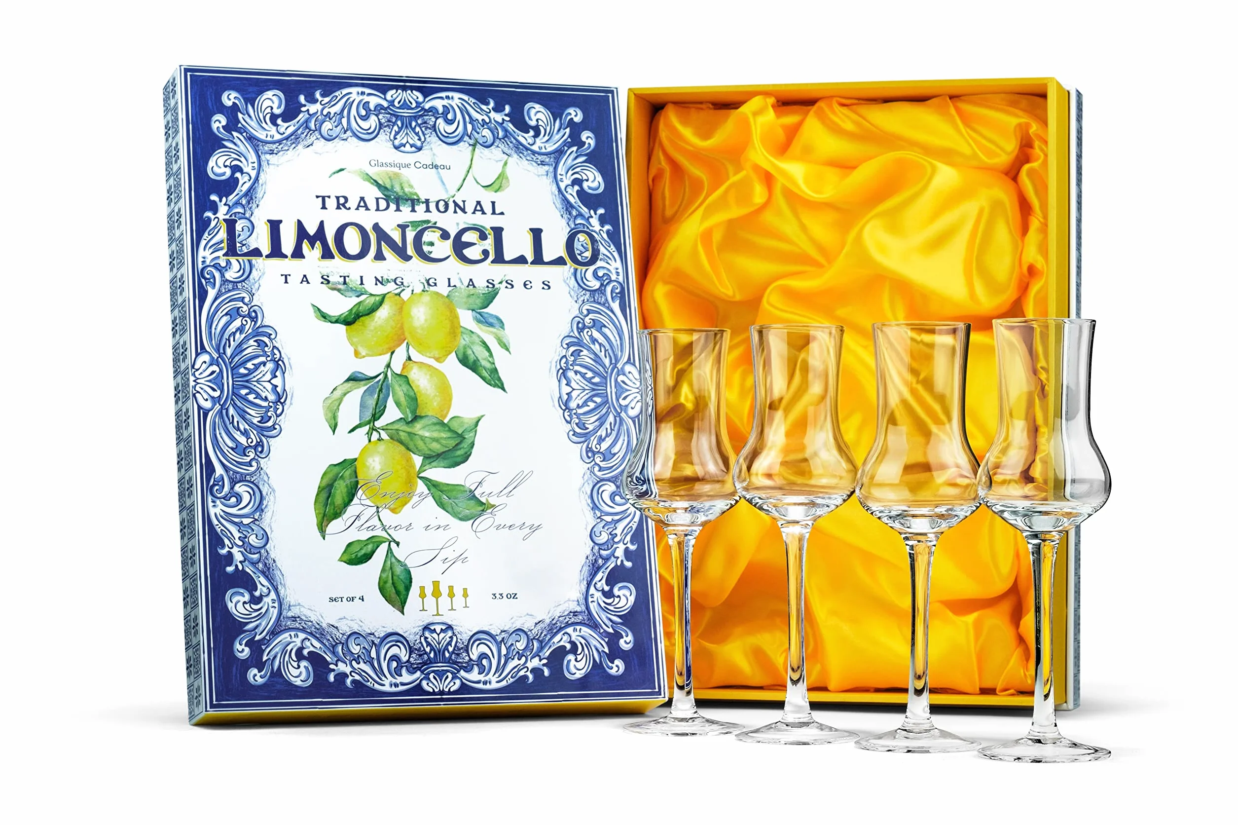 Crystal Limoncello Szklanki do kordialu, zestaw 4 sztuk, wysokie, o długości 100 ml, do popijania aromatycznego alkoholu, napoju po kolacji, aperitifu, trawienia, eleganckie kieliszki w kształcie