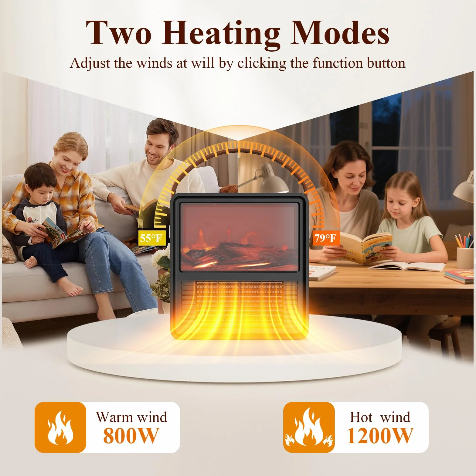 Minthouz Elektryczny termowentylator 1200 W/800 W, ceramiczny grzejnik z efektem płomienia 3D, regulowany termostat, energooszczędny, zabezpieczenie przed przegrzaniem i przewróceniem, do sypialni i