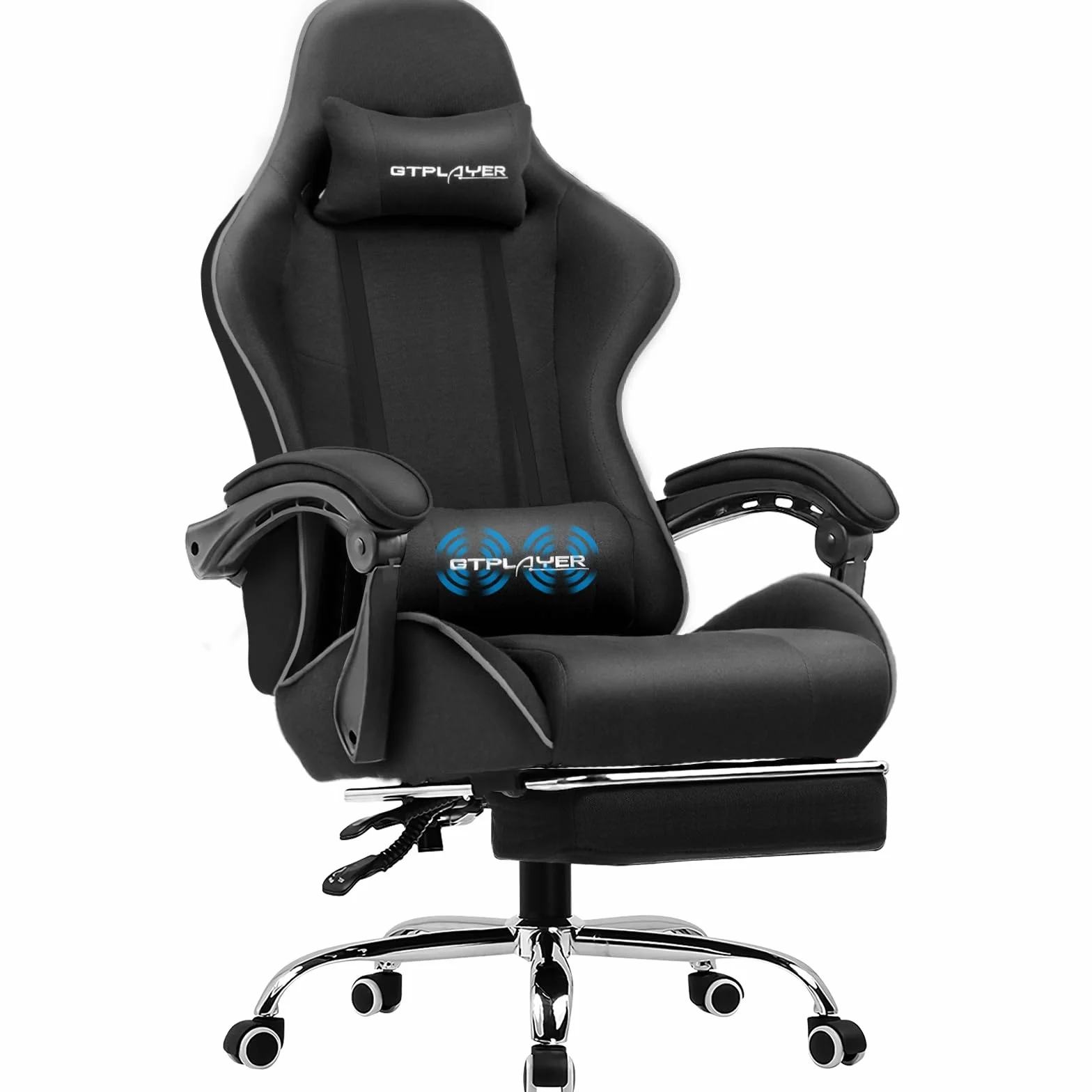 GTPLAYER Fotel gamingowy, ergonomiczny fotel komputerowy z podnóżkiem i podparciem lędźwiowym, regulacja wysokości, z siedziskiem obrotowym o 360° i zagłówkiem, do biura