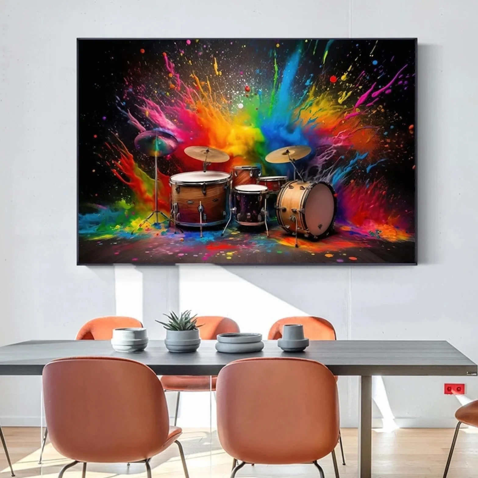 JACBON Nowoczesny zestaw perkusyjny z kolorowym dymnym obrazem na płótnie, instrument muzyczny, zdjęcia HD do biura, salonu, dekoracja ścienna, 70 x 100 cm (28 x 39 cali wewnętrzna ramka
