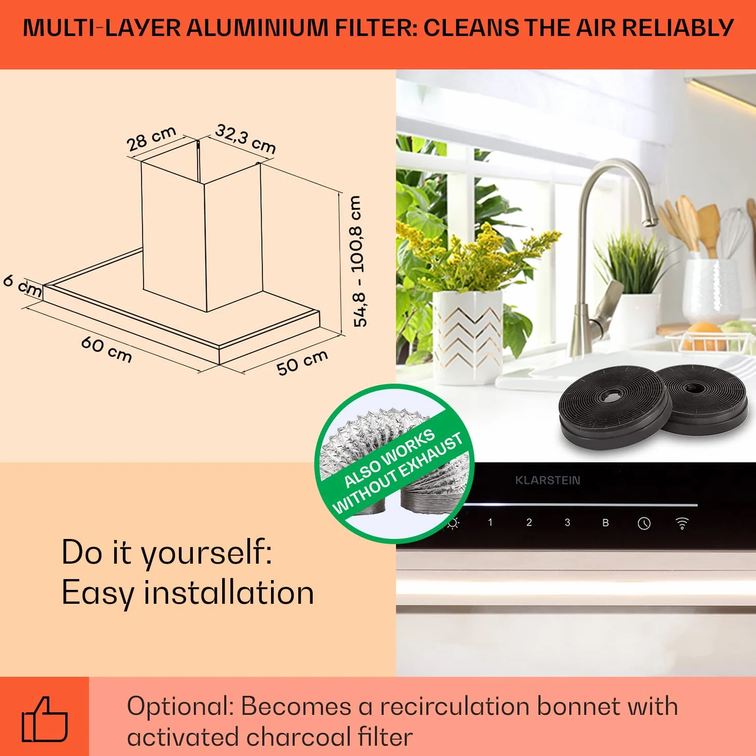 Klarstein Okap kuchenny 60 cm, obieg/wywiew, 577,8 m³/h, Wi-Fi, LED