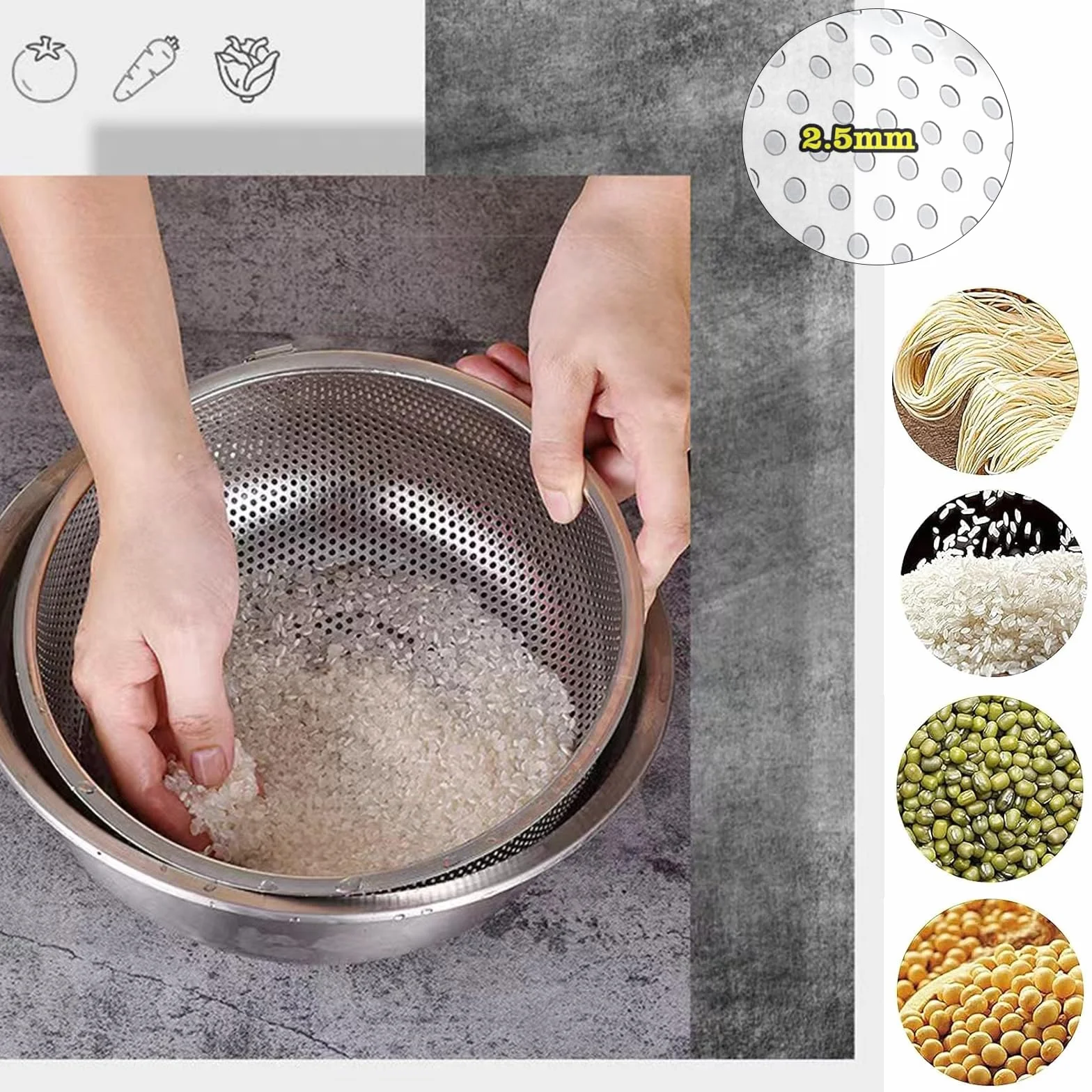Sitko, sitko kuchenne ze stali nierdzewnej z uchwytami, sitko do makaronu, mikroperforowane sitko, metalowy cedzak kuchenny, kosz sitowy na makaron, warzywa i owoce, ryż, nadaje się do mycia w