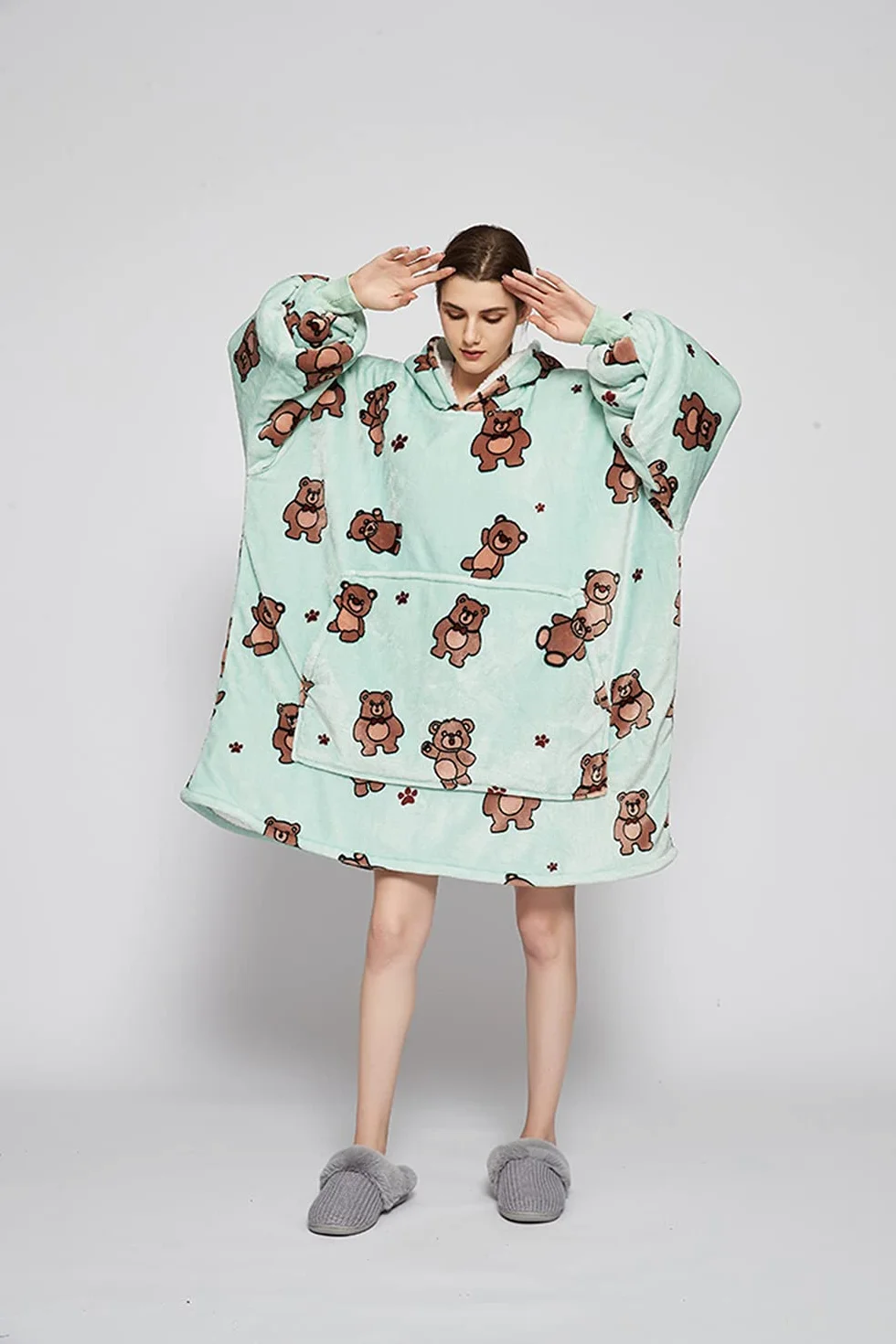 Sacebeleu Koc z kapturem, pluszowy koc Sherpa z rękawami, oversize, sweter z kieszenią typu kangur, flanelowy koc polarowy, rozmiar uniwersalny dla kobiet, mężczyzn