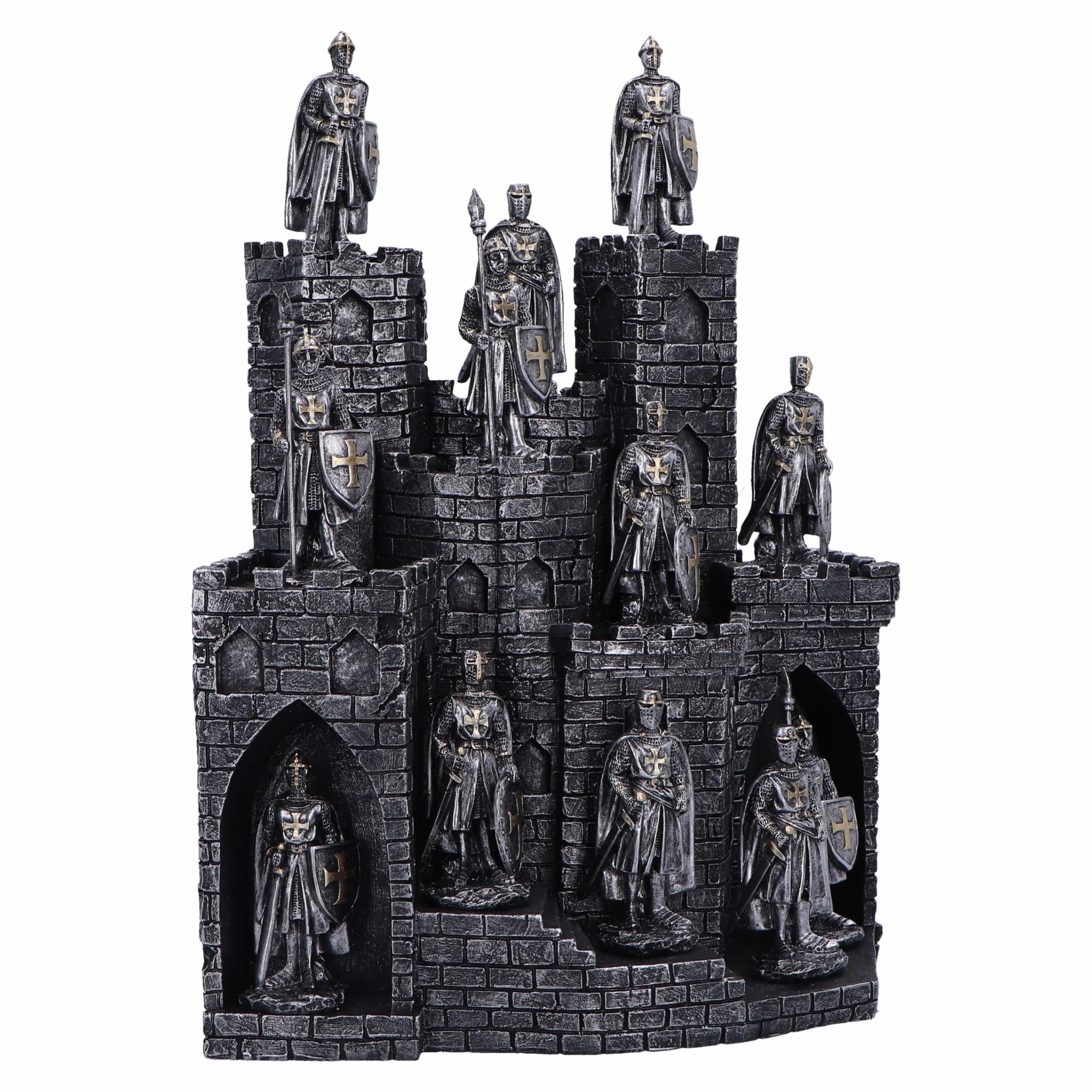 Nemesis Now Rycerze Wieży z zestawem figurek 48 rycerzy 25 cm, żywica, srebrny, średniowieczny zamek z zestawem figurek 48 rycerzy, towar rycerski, odlewany w najlepszej żywicy, ręcznie malowany