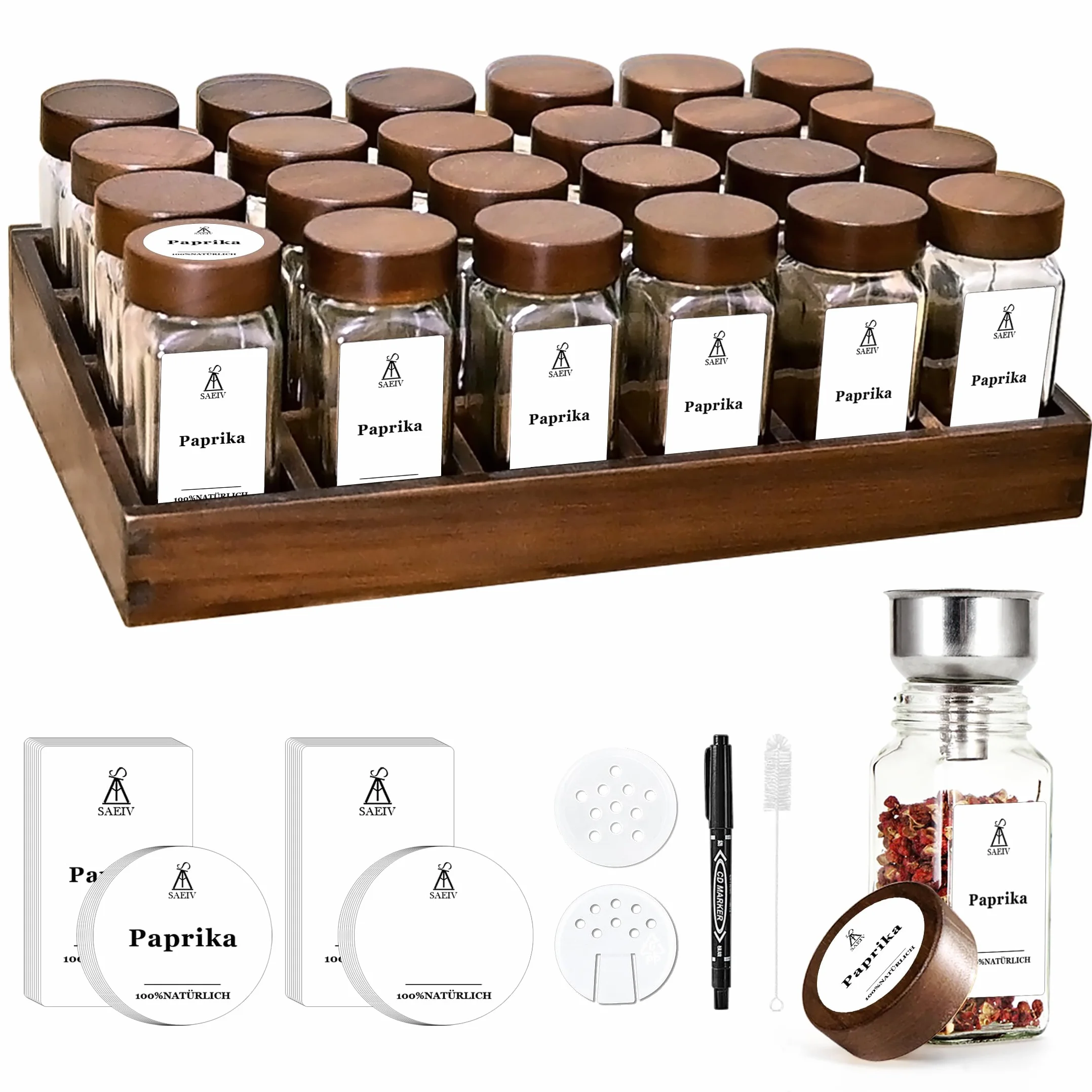 SAEIV Ekologiczna półka na przyprawy z drewna akacjowego z 24 przegrodami | 24 słoiki na przyprawy o pojemności 120 ml Organizer do szuflad | Półka na przyprawy ze słoikami 180 niemieckich etykiet na