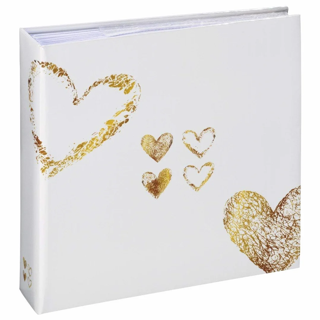 Hama Album fotograficzny Lazise (na wsuwki, białe kartki, maks.200 zdjęć 10x15 cm, kieszeń na płytę, rozmiar albumu 22,5x22 cm, serca) biały/złoty