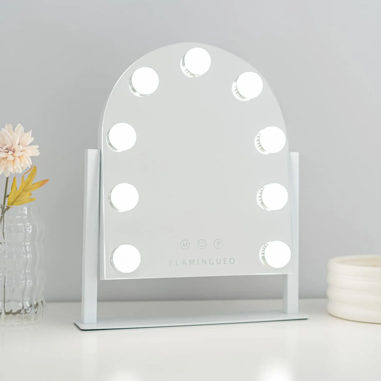 Flamingueo Hollywood Lusterko do Makijażu z Oświetleniem - 9 LED - 3 Tryby - Regulowana Intensywność - Sterowanie Dotykowe - Regulowana Pozycja - Biały - 30,5x6x36cm
