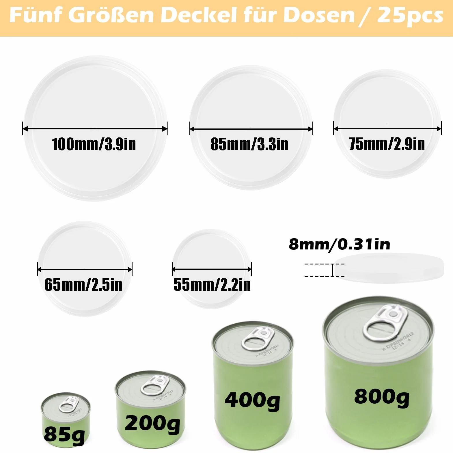 Zestaw 25 pokrywek do puszek, uniwersalne pokrywki do puszek w 5 rozmiarach (100 mm, 85 mm, 75 mm, 67 mm, 57 mm), przezroczyste pokrywki do puszek, karma dla kotów do żywności