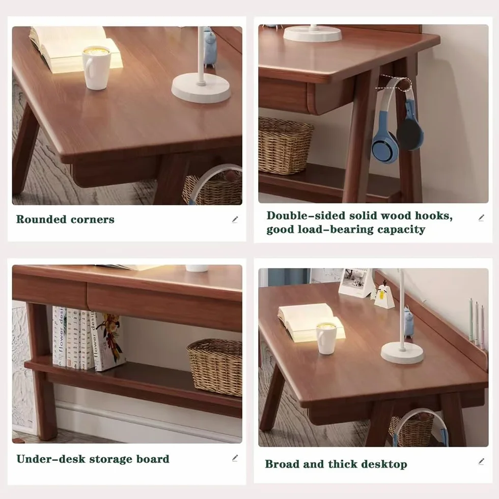 Nowoczesne biurko komputerowe z połowy wieku z 2 szufladami – wbudowane haczyki i dolny stojak do przechowywania, łatwy montaż przez 20 minut biurko do pisania do domowego biura / gabinetu (100 cm