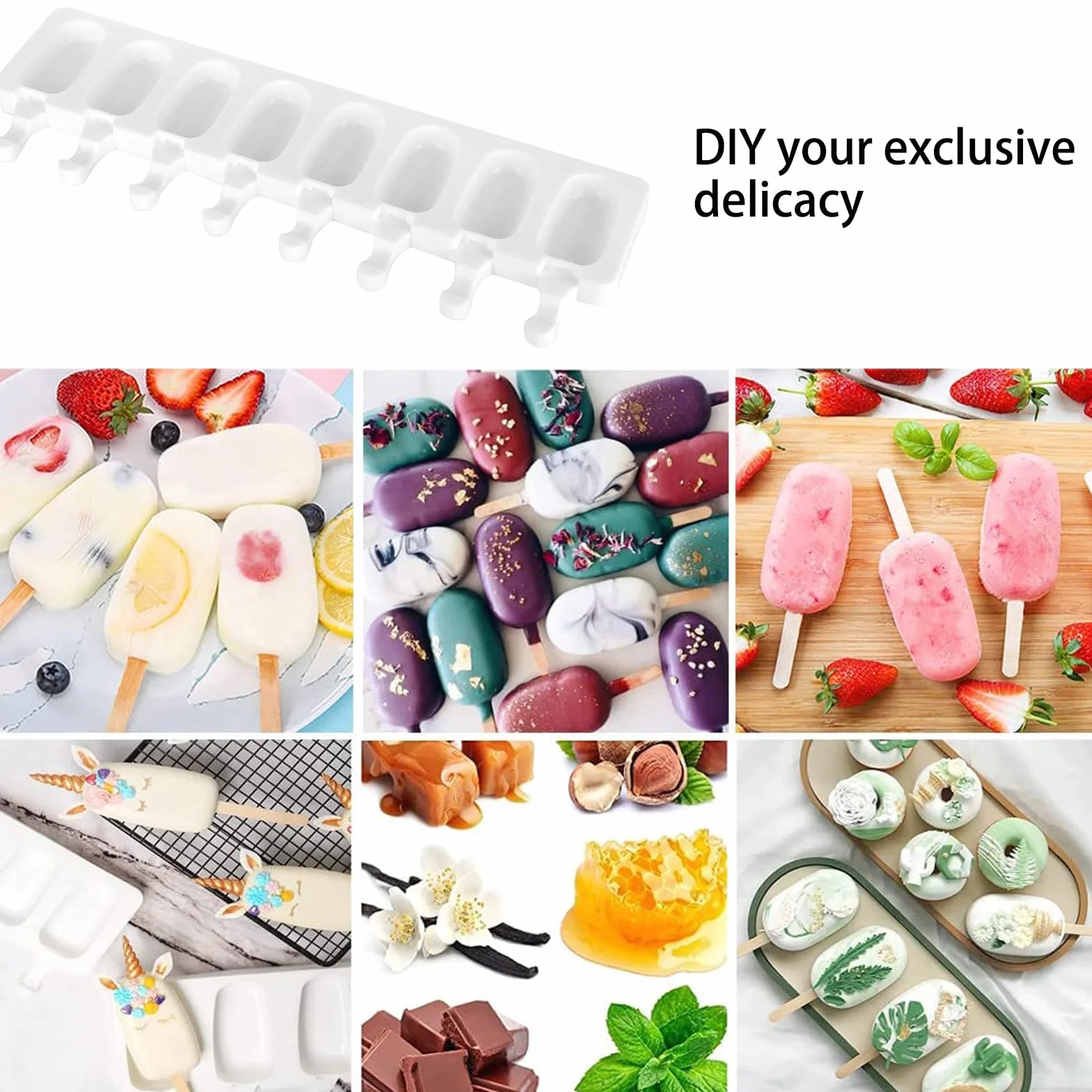 2 sztuk 8 wnęk silikonowe formy do lodów, silikonowe formy do lodu, wielokrotnego użytku, łatwe do uwolnienia, BPA Free, z 100 drewnianymi patyczkami (8 wnęk)