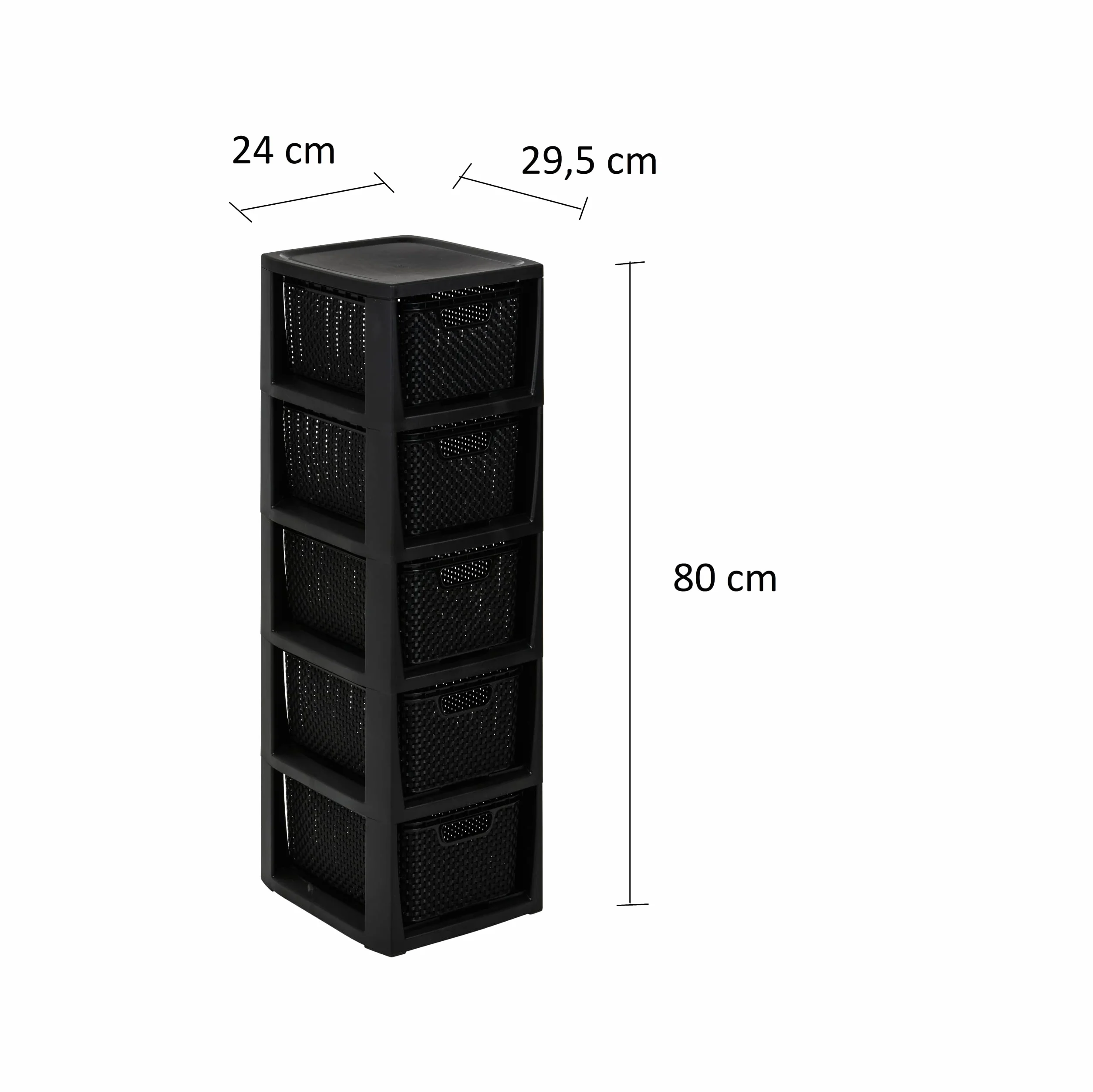 BranQ Regał rattanowy Home essential, tworzywo sztuczne PP bez BPA, czarny, 29,5 x 24 x 80 cm, 5 koszy