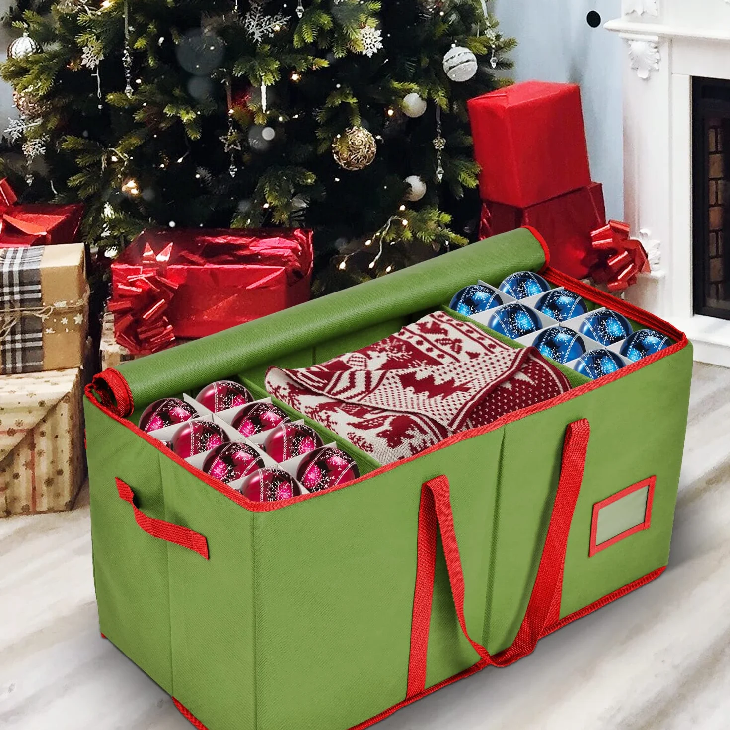 Holiday Cheer Wysokiej jakości pojemnik na bombki bożonarodzeniowe, idealny na dekoracje świąteczne i pudełko do przechowywania ozdób, pasuje do 128 ozdób świątecznych - tkanina odporna na rozdarcie