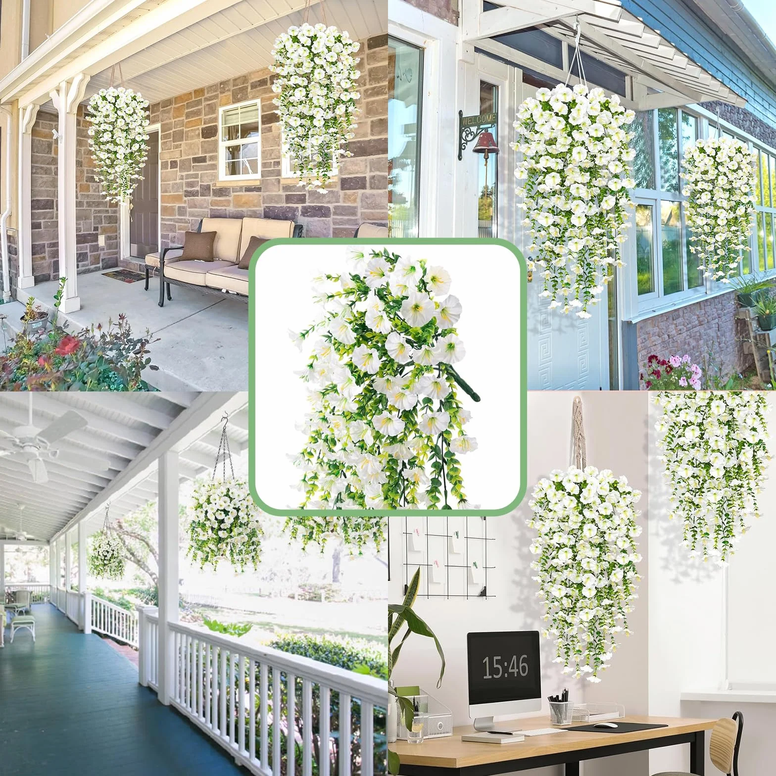 3 sztuczne rośliny wiszące, Morning Glory, sztuczne kwiaty, wiszące, dekoracyjne, wodoodporne i odporne na słońce, do salonu, na balkon, do ogrodu (białe)