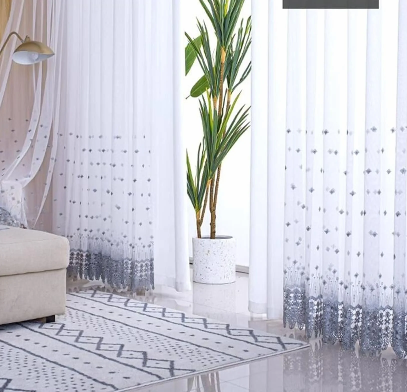 Czeska zasłona okienna, szara zasłona woalowa koronkowa haftowana mieszanka poliestru i bawełny 2 panele 132W x 183L cm