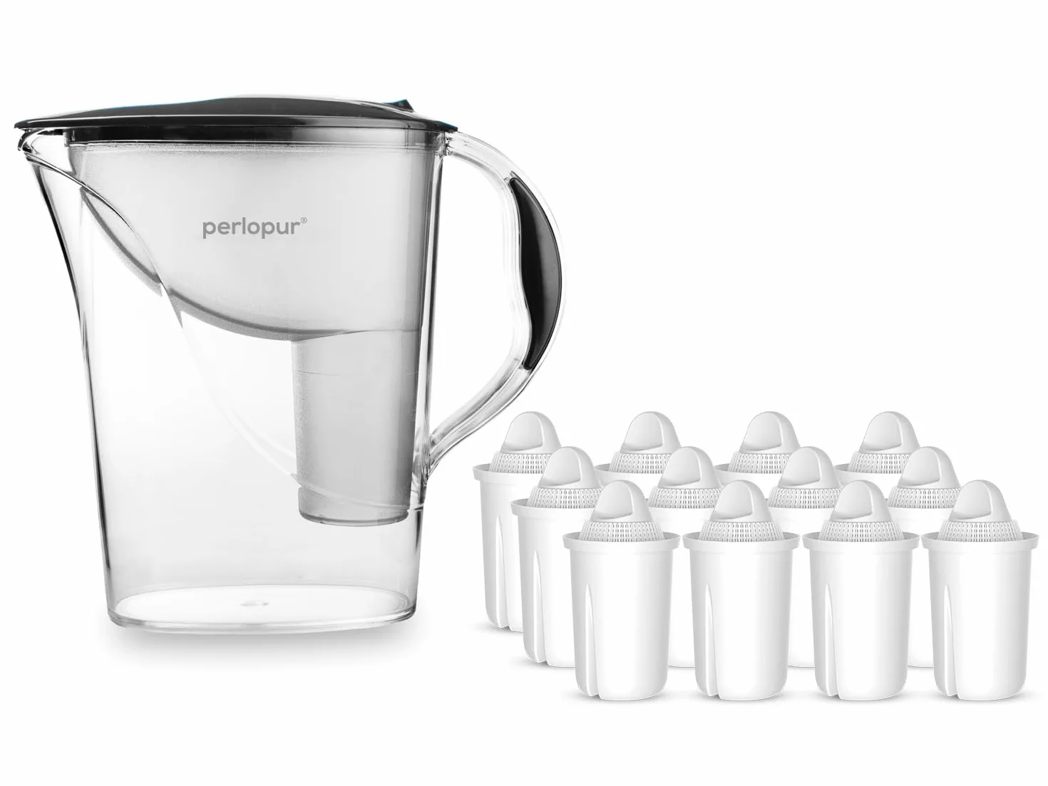 PearlCo filtr do wody Standard (antracyt) z 12 klasycznymi wkładami filtrującymi – pasuje do Brita Classic.