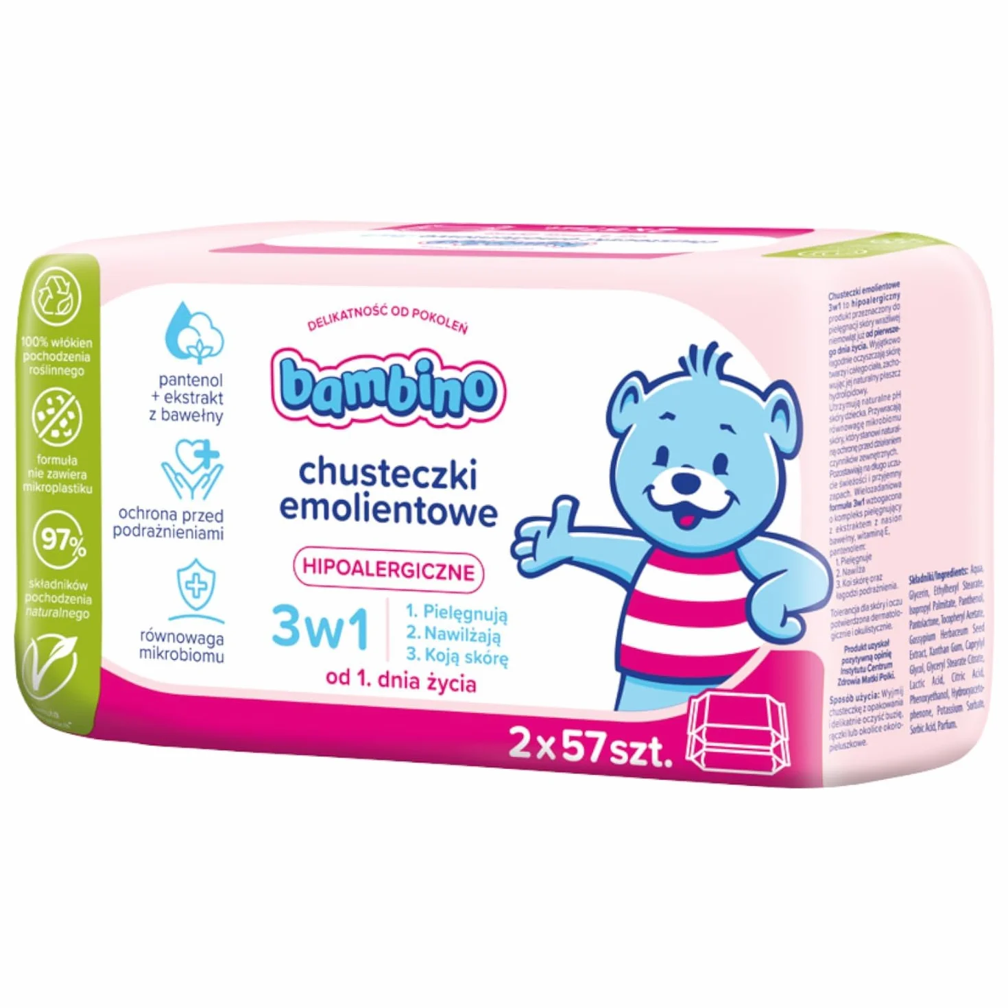 Bambino Chusteczki Emolientowe 3w1 Duopack – 2×57 sztuk, hipoalergiczne dla niemowląt od 1. dnia życia, z pantenolem, witaminą E i bawełną, 97% składników naturalnych