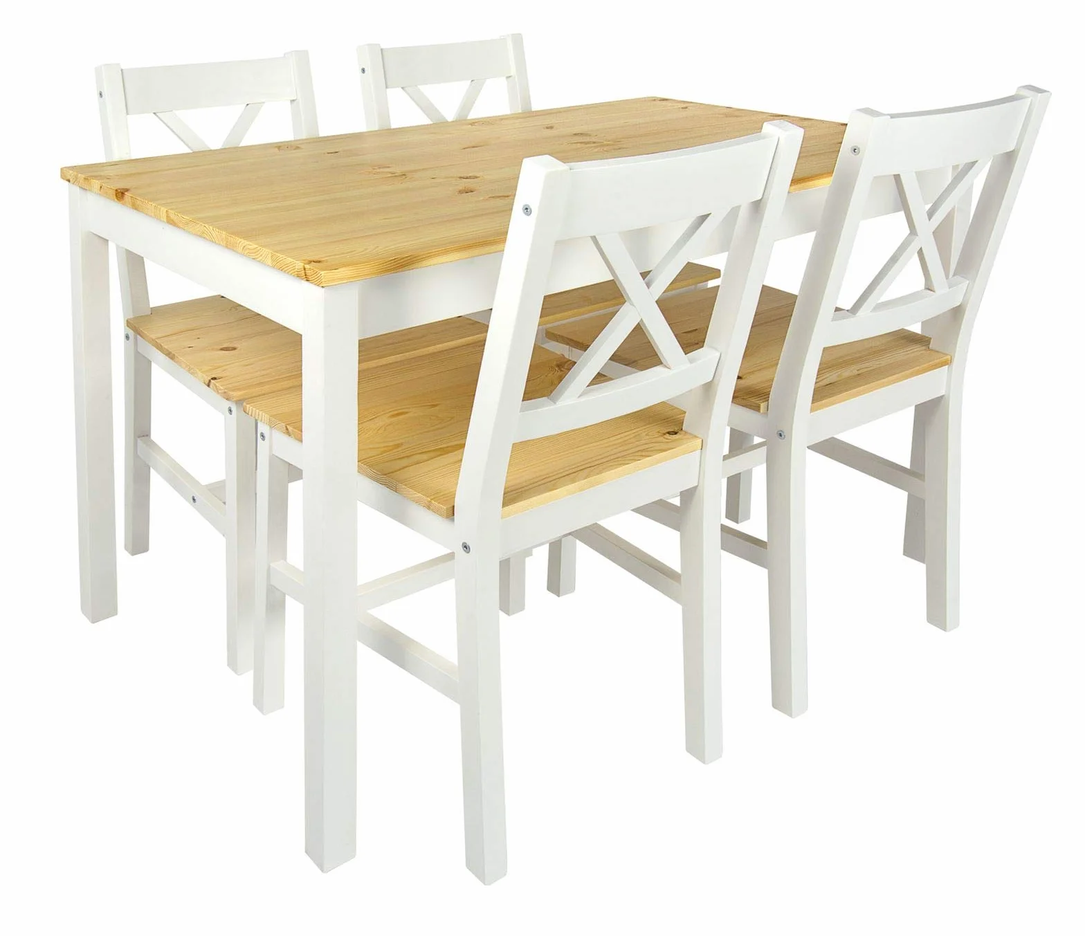 Leomark Drewniany Stół z 4 krzesłami do kuchni, salonu, jadalni, Kompletny zestaw w kolorze White Pine, Wymiary stołu: 108 x 65 x 73,5 cm