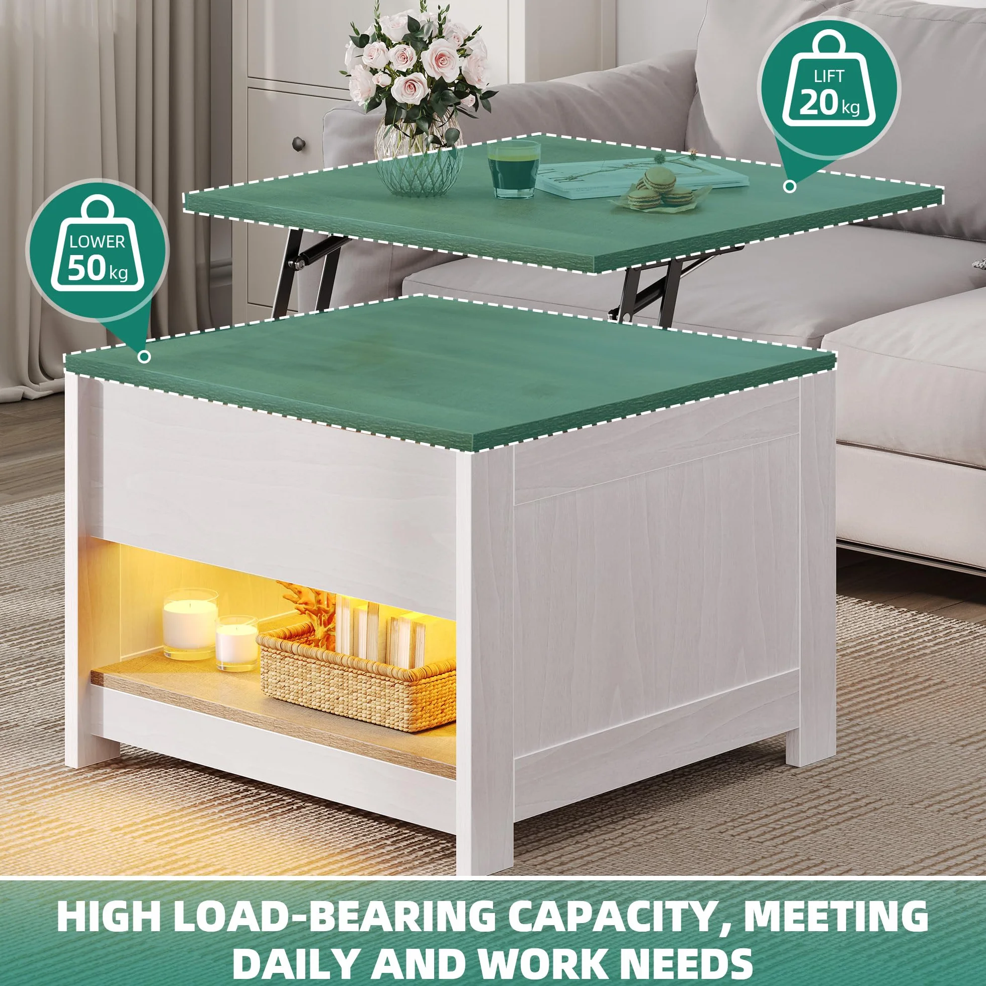 YITAHOME Stolik kawowy Lift Top, kwadratowy, drewniany, nowoczesny, rustykalny stolik kawowy z miejscem do przechowywania, do salonu, wiejskiego szary, 60 x 60 x 45 cm