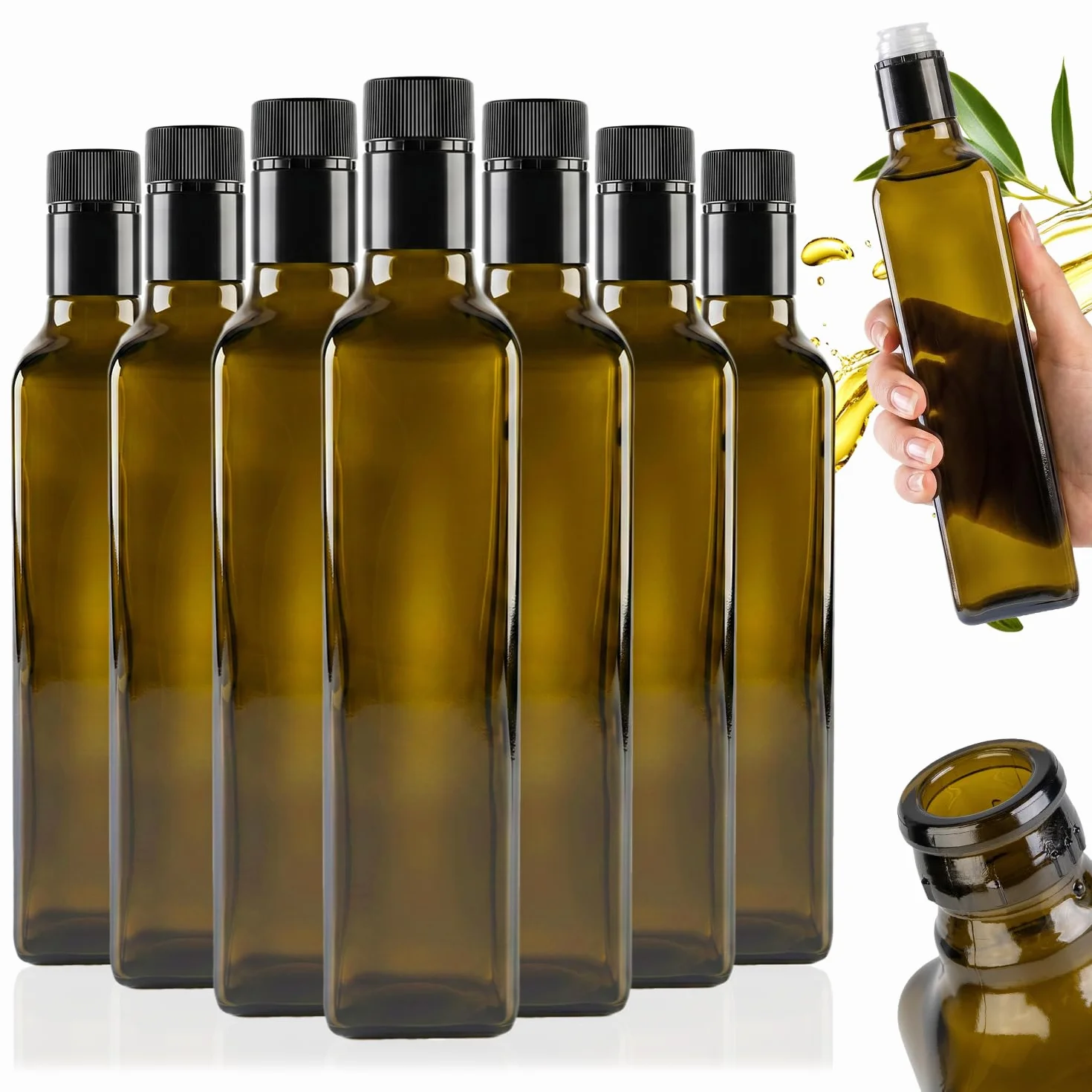 20 sztuk szklanych butelek Marasca 500 ml w kolorze oliwkowym z zamknięciem Guala – na oliwę z oliwek, ocet i oliwę
