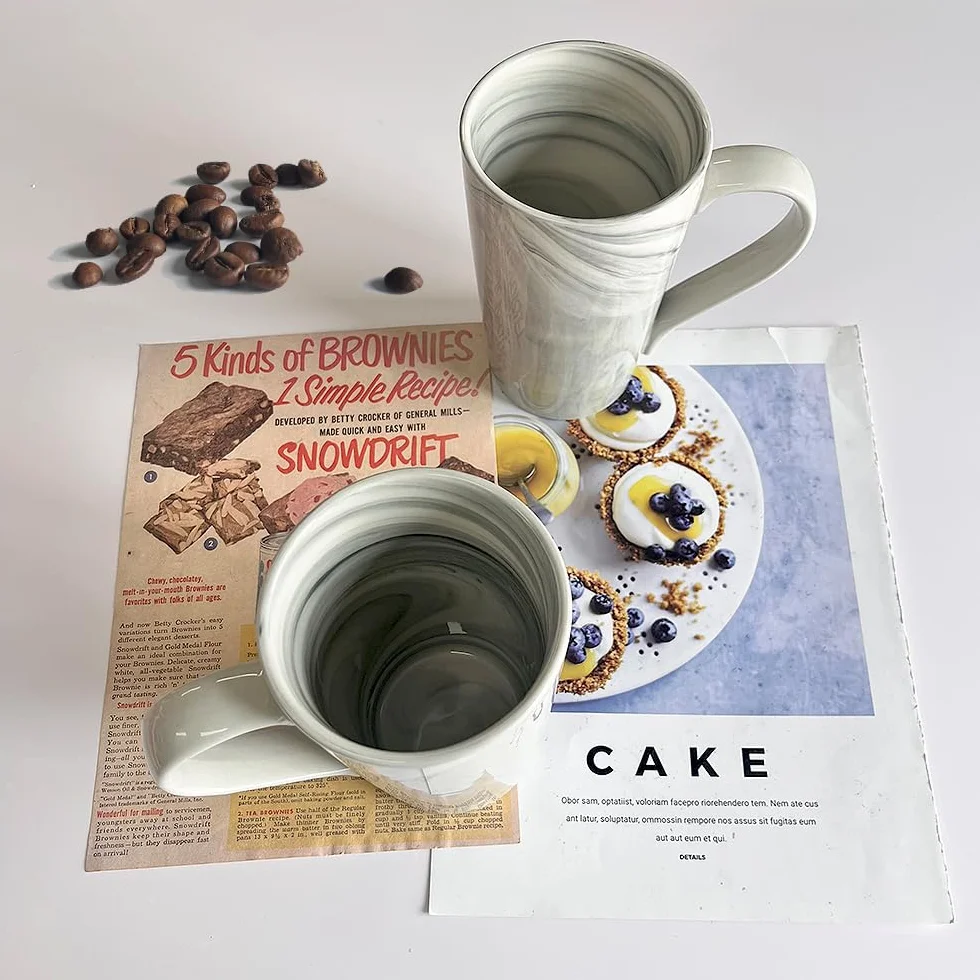 Duże kubki do kawy, marmurowe, ceramiczne, zestaw 2 sztuk, porcelanowe wysokie filiżanki do herbaty z bardzo dużym uchwytem, nowoczesne, stylowe i nastrojowe do kuchni, domu, biura, szare