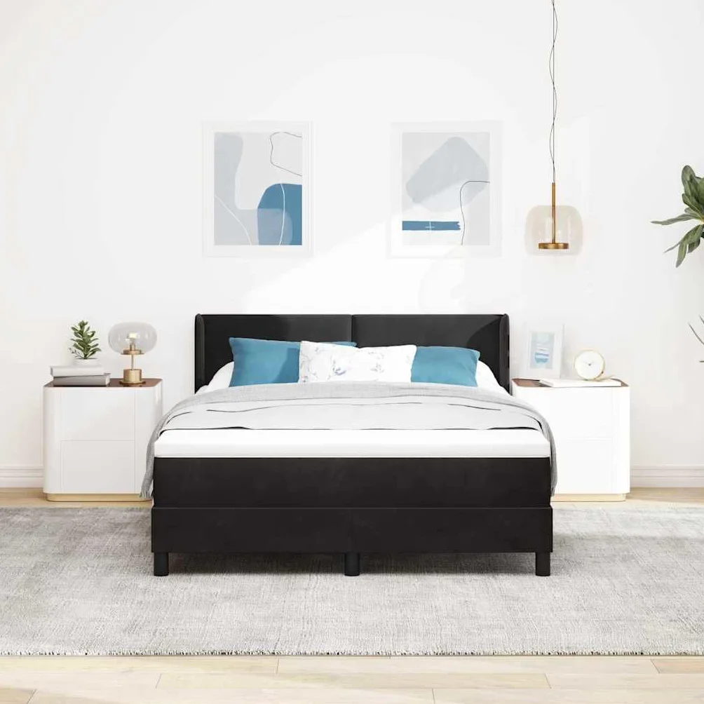 Aksamitne nowoczesne do sypialni box spring czarny 140x200 cm | Łóżko sprężynowe z zagłówkiem aksamit czarny 200 x 140 cm z regulowanym wezgłowiem