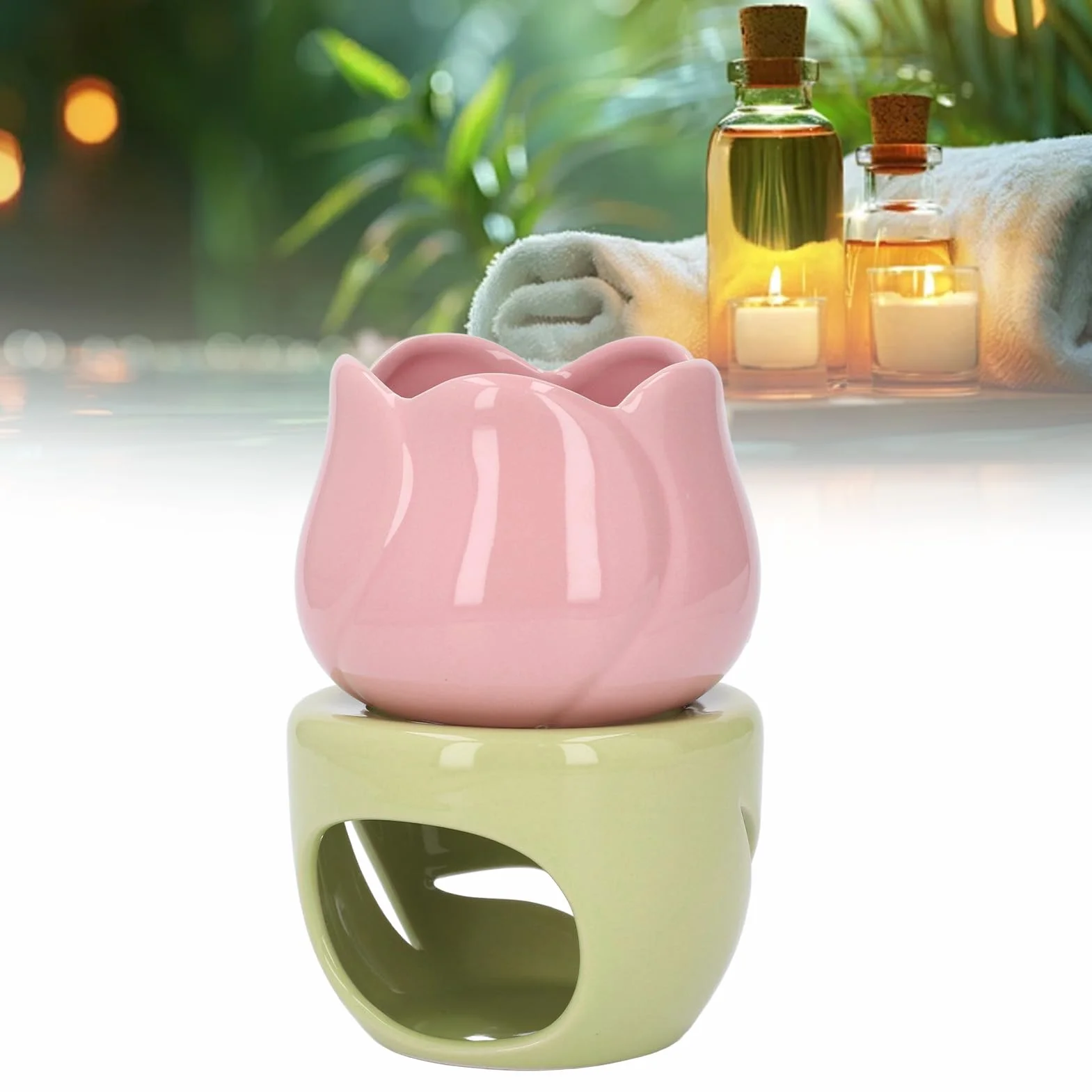 Ceramiczny Palnik do Aromaterapii Kominek na Olejki Eteryczne Różowy Kwiat Zielony Stojak