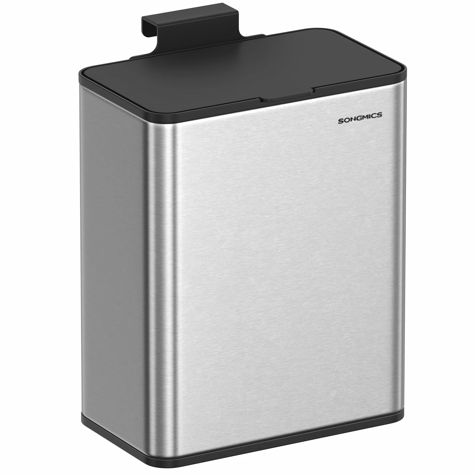 SONGMICS Wiszący kosz na śmieci, 8 l, wiadro na kompost, kuchenny, stalowy kosz na śmieci z pokrywą na odpady biologiczne, z haczykiem, do szafki łazienkowej, metaliczny srebrny LTB810E08