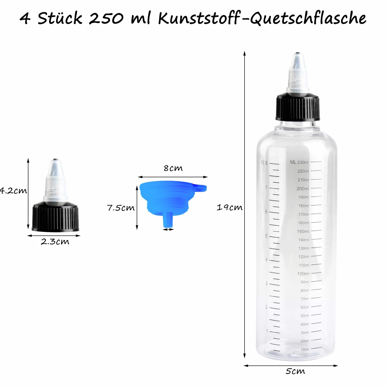 4 butelki wyciskane 250 ml, plastikowe butelki na sos, przezroczyste butelki do wyciskania, z tworzywa sztucznego, z nakrętkami do dozowników sosów, octu sojowego, ketchupu, oleju, z lejkiem