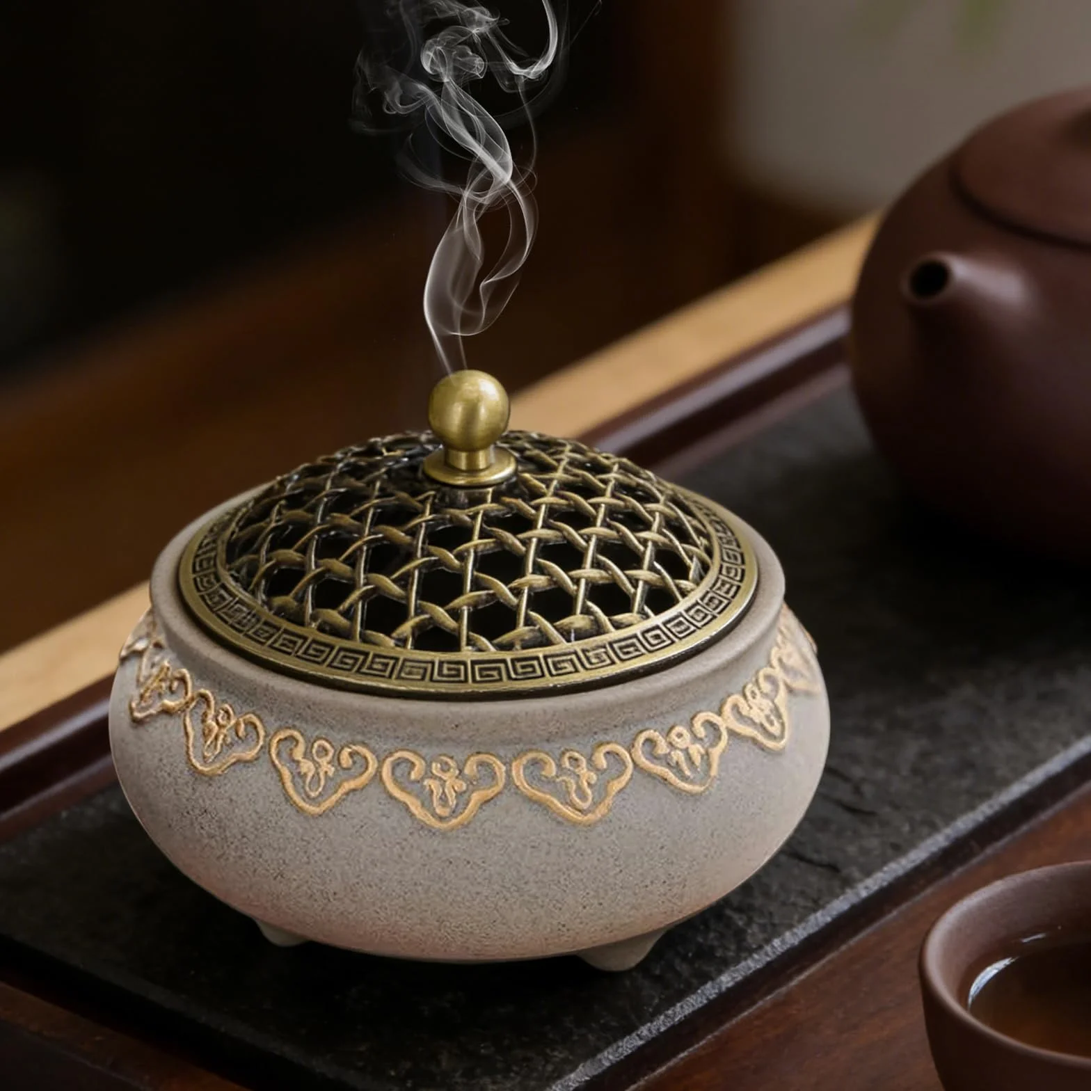 Ceramiczne naczynie do kadzidełka w stylu vintage, z metalową pokrywką, uchwyt na kadzidełka, okrągły i ogniotrwały, chińska porcelana, do domu, pokoju medytacyjnego, salonu, biura