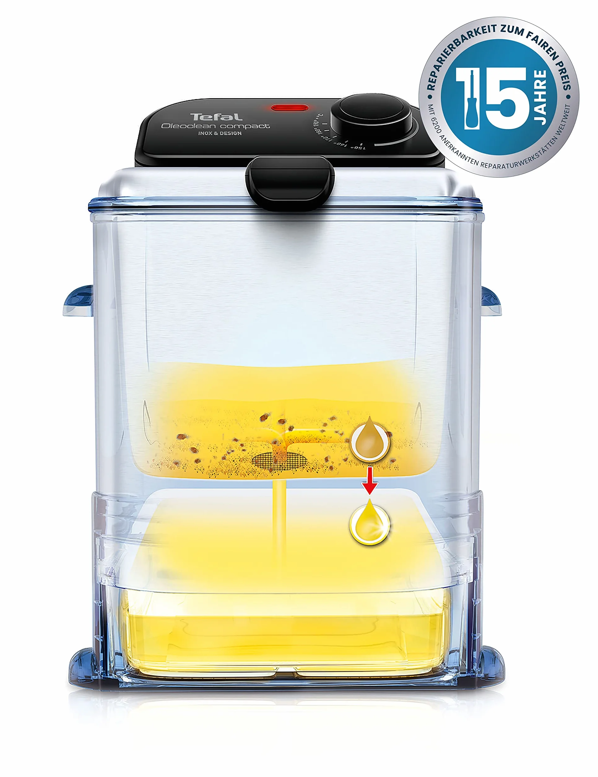 Tefal FR7016 Oleoclean Compact elektryczna frytkownica, pojemność 2 l, automatyczna filtracja oleju, części nadające się do mycia w zmywarce, okienko, regulowana temperatura, czarna/stal nierdzewna