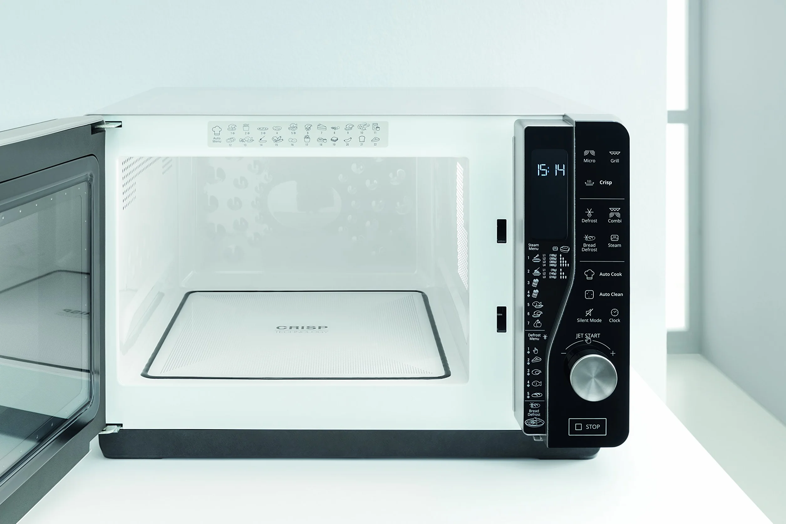 Whirlpool MWF 427 SL kuchenka mikrofalowa Extra Space + grill, pojemność 25 l, kolor srebrny, z steamerem, wysoki grill, płaski ruszt i wysoki ruszt Crisp + uchwyt, 800 + 1000 W