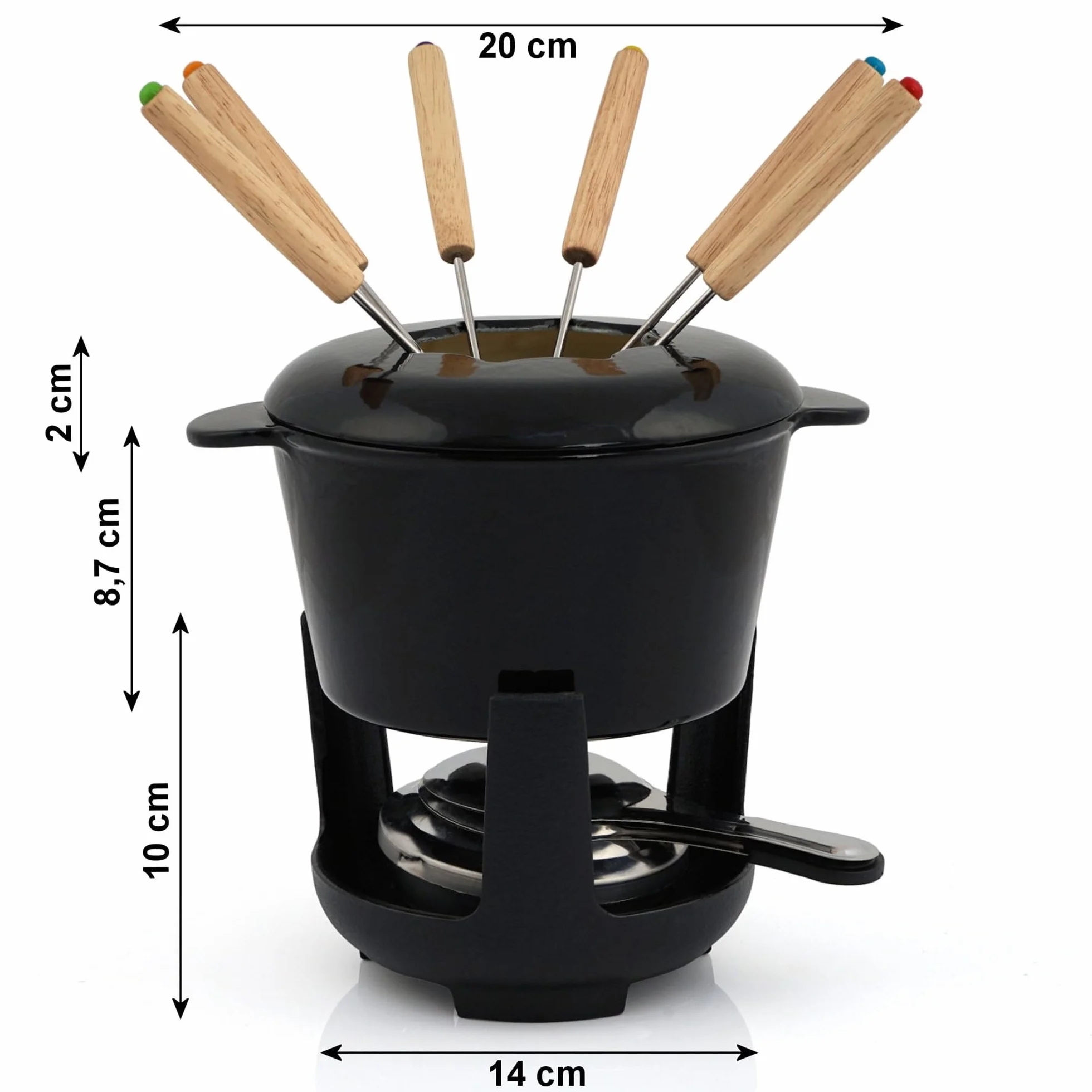 BBQ-Toro Żeliwny zestaw do fondue dla 6 osób, zestaw do fondue, 13-częściowy z palnikiem i widelcami, pojemność 1 l, serem, czekolada, indukcja (czarny/kremowy)