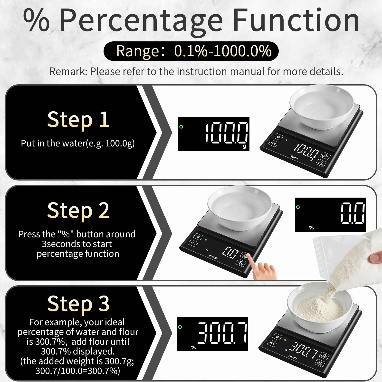 Vitafit 5kg Waga Kuchenna, Dokładność 0.1g przez Nasze Profesjonalna Waga Fabryka Od 2001, Cyfrowa Waga Funkcją Procentowego Do Gotowania, Pieczenia i Kawy, Stali Nierdzewnej, Duża Dioda LED, Czarny