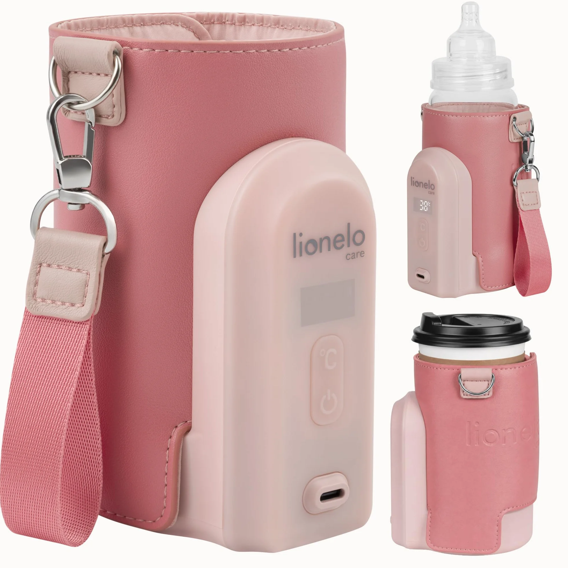 LIONELO Thermup Go Evo Przenośny Podgrzewacz do Butelek dla Niemowląt, Utrzymuje Ciepło Płynów, 5 Temperatur Pracy od 38 do 50o C Ładowanie USB-C, do 9h Pracy Wyświetlacz LCD (Różowy)