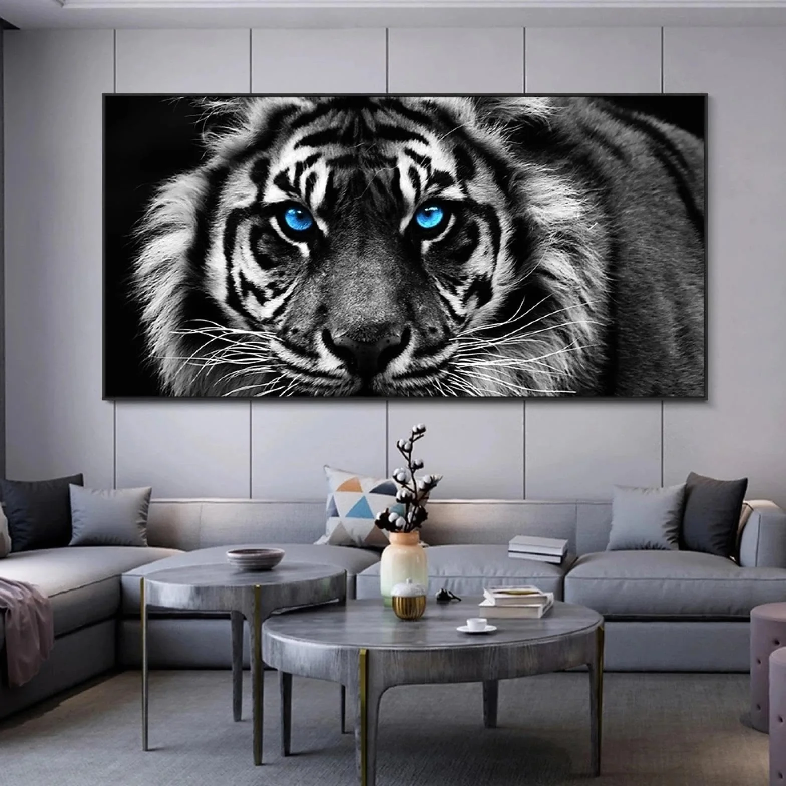 Czarno-biały tygrys głowa obraz na płótnie oprawiony gotowy do powieszenia nowoczesne plakaty i druki zwierząt do salonu dekoracja domu 55 x 110 cm rama wewnętrzna