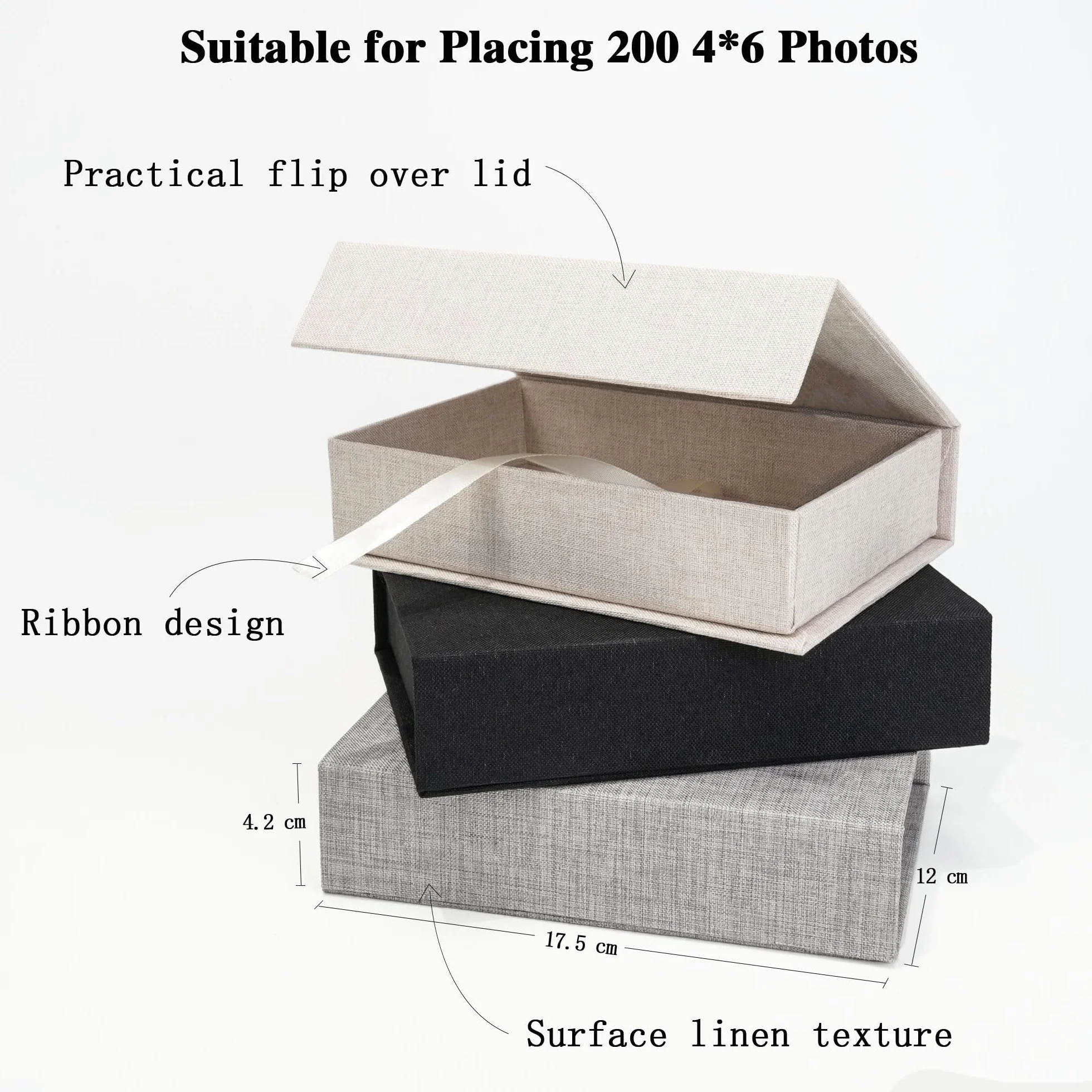 Vienrose Lniane pudełko na zdjęcia, pudełko na zdjęcia 10 x 15 cm i pudełko z pamięcią na zdjęcia, zdjęcia i pocztówki, pudełko na pamiątki prezentowe, szare