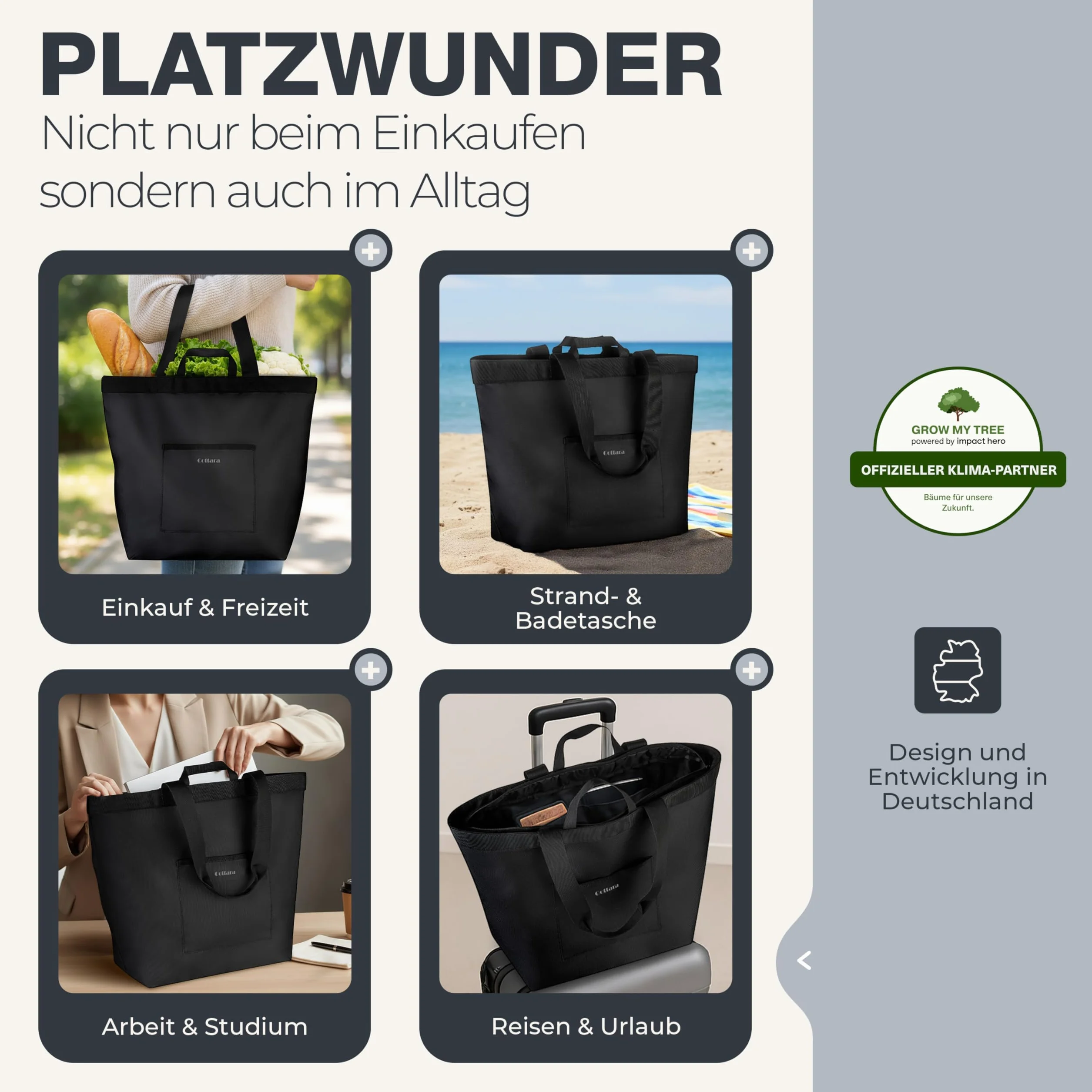 COTTARA® Torba na zakupy, składana, duża, z zamkiem błyskawicznym, wzmocnionym dnem i wodoodpornym materiałem, idealna jako torba rekreacyjna, torba na zakupy lub torba kąpielowa, czarna, 40 l