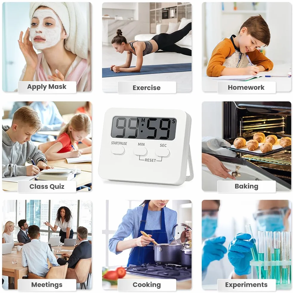 OUSFOT Cyfrowy minutnik kuchenny z wyświetlaczem LCD, magnetyczny stoper, cyfrowy timer z głośnym budzikiem i funkcją odliczania, zegar do gotowania/uprawiania sportu/nauki, biały