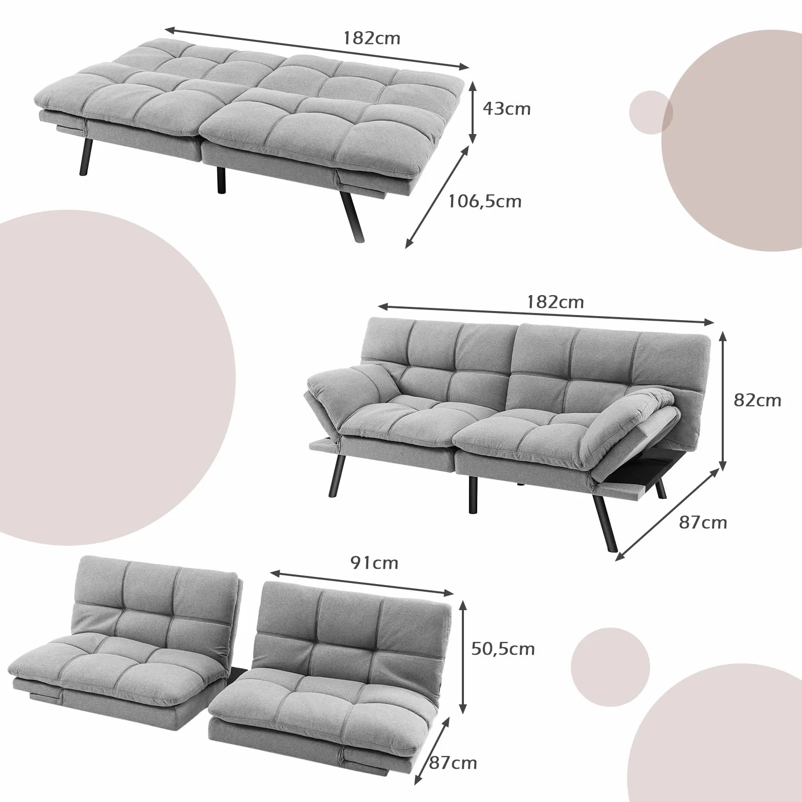 GOPLUS Kanapa z funkcją spania, sofa rozkładana z funkcją spania, 2-osobowa sofa z regulowanymi podłokietnikami, oparcie odchylane 105°/145°/180°, powierzchnia leżenia 182 x 106,5 cm, łóżko-sofa do