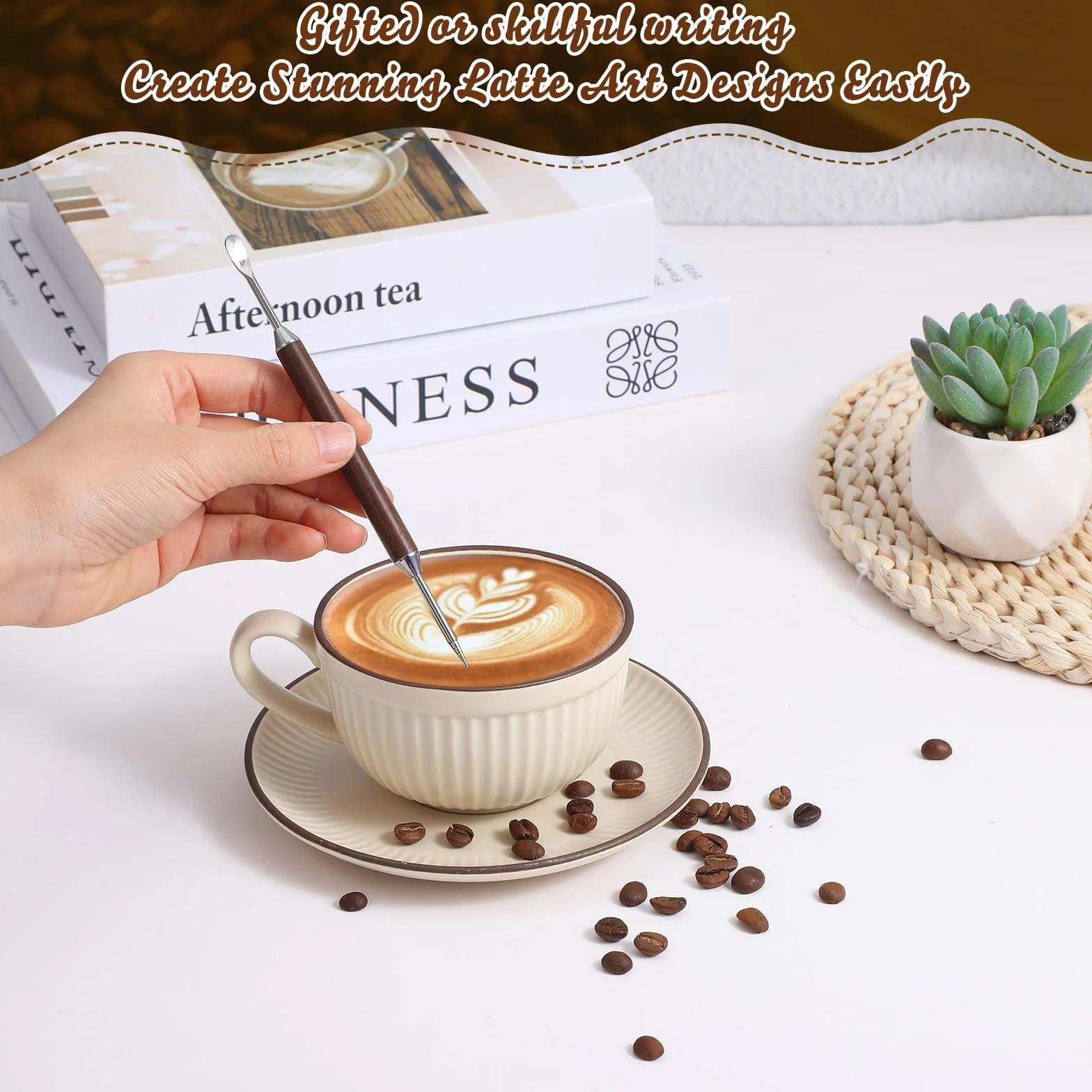 Długopisy do kawy, 2 sztuki, 16 cm, dwustronne pisaki latte art, ze stali nierdzewnej z drewnianym uchwytem, profesjonalne pisaki barista latte art, do cappuccino, latte, espresso, 2