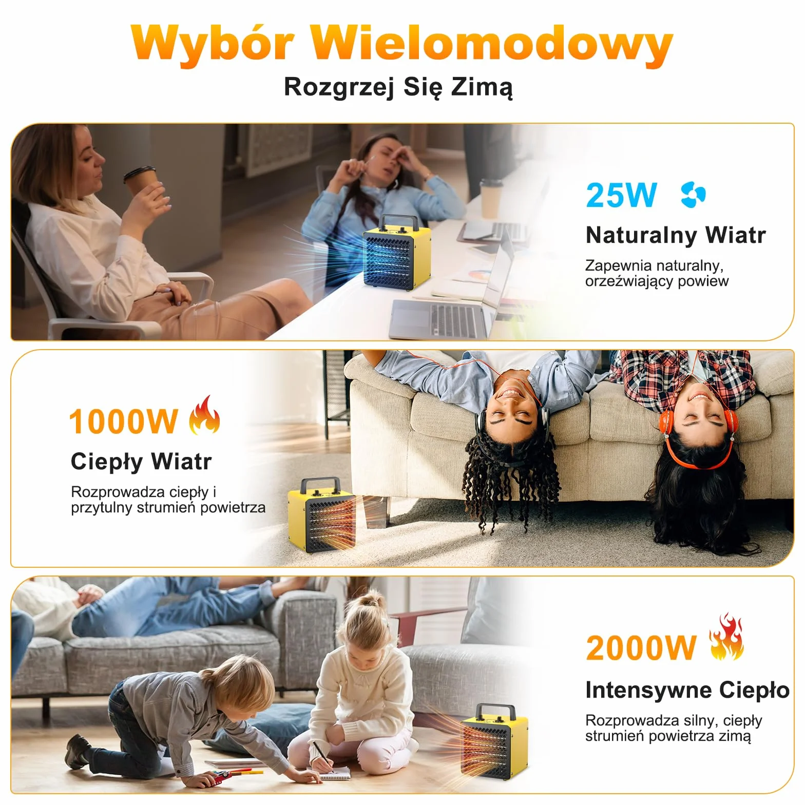 2000 W Przenośny Ceramiczny Grzejnik Wentylatorowy – Szybkie Nagrzewanie i Niskie Zużycie Energii – Elektryczne Ogrzewacze Pomieszczeń – Idealny do Domu i Biura