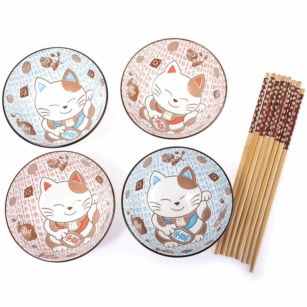 lachineuse - Zestaw 4 misek z japońskim kotem - Miski na ryż, śniadanie i zupę - Japońskie naczynia porcelanowe - z pałeczkami - Maneki Neko Happiness Holder - Kawaii Japan Gift Deco