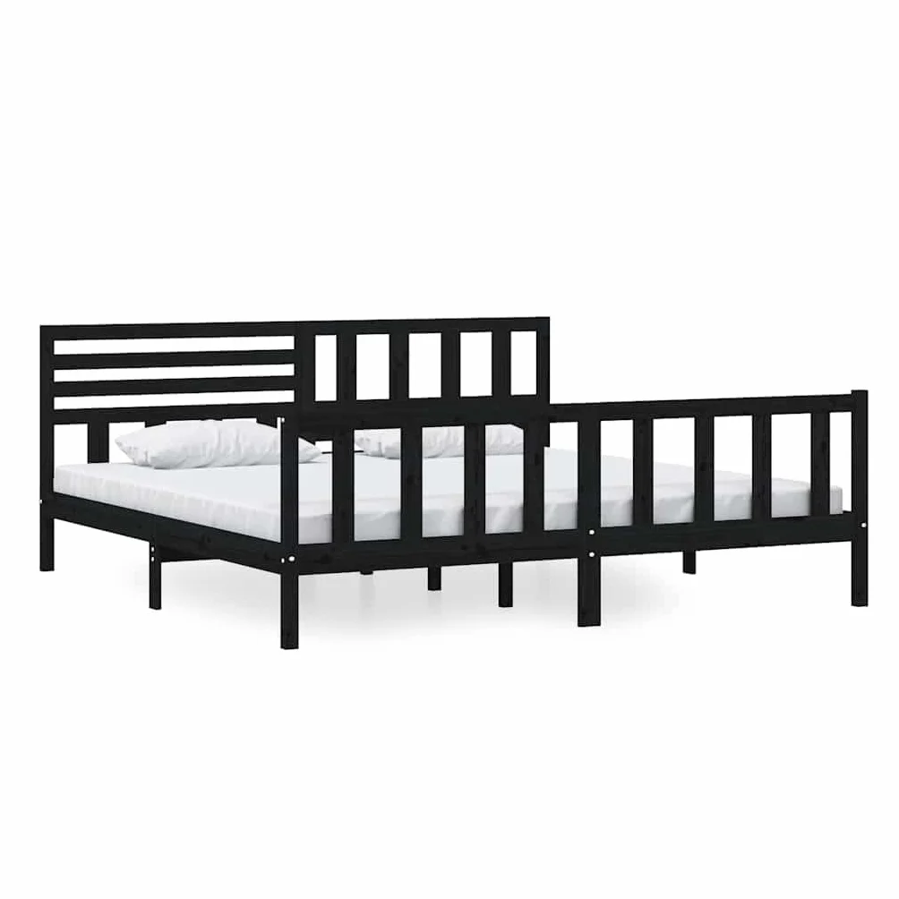 lite drewno sosnowe ponadczasowy design 200x200 cm czarny | Rama łóżka sosnowa czarna 200x200 cm lite drewno z zagłówkiem do sypialni