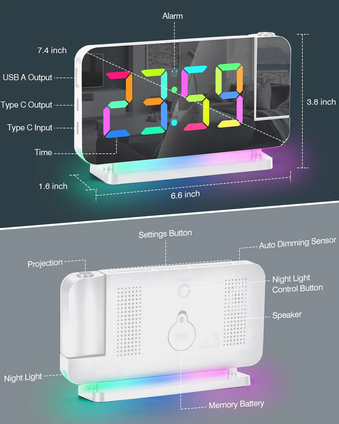 SZELAM Budzik z projektorem, 18,7 cm LED, lustrzany, duży wyświetlacz, z projektorem obracanym o 180°, lampka nocna RGB, złącze USB C, nowoczesny zegar biurkowy do dekoracji sypialni – biały