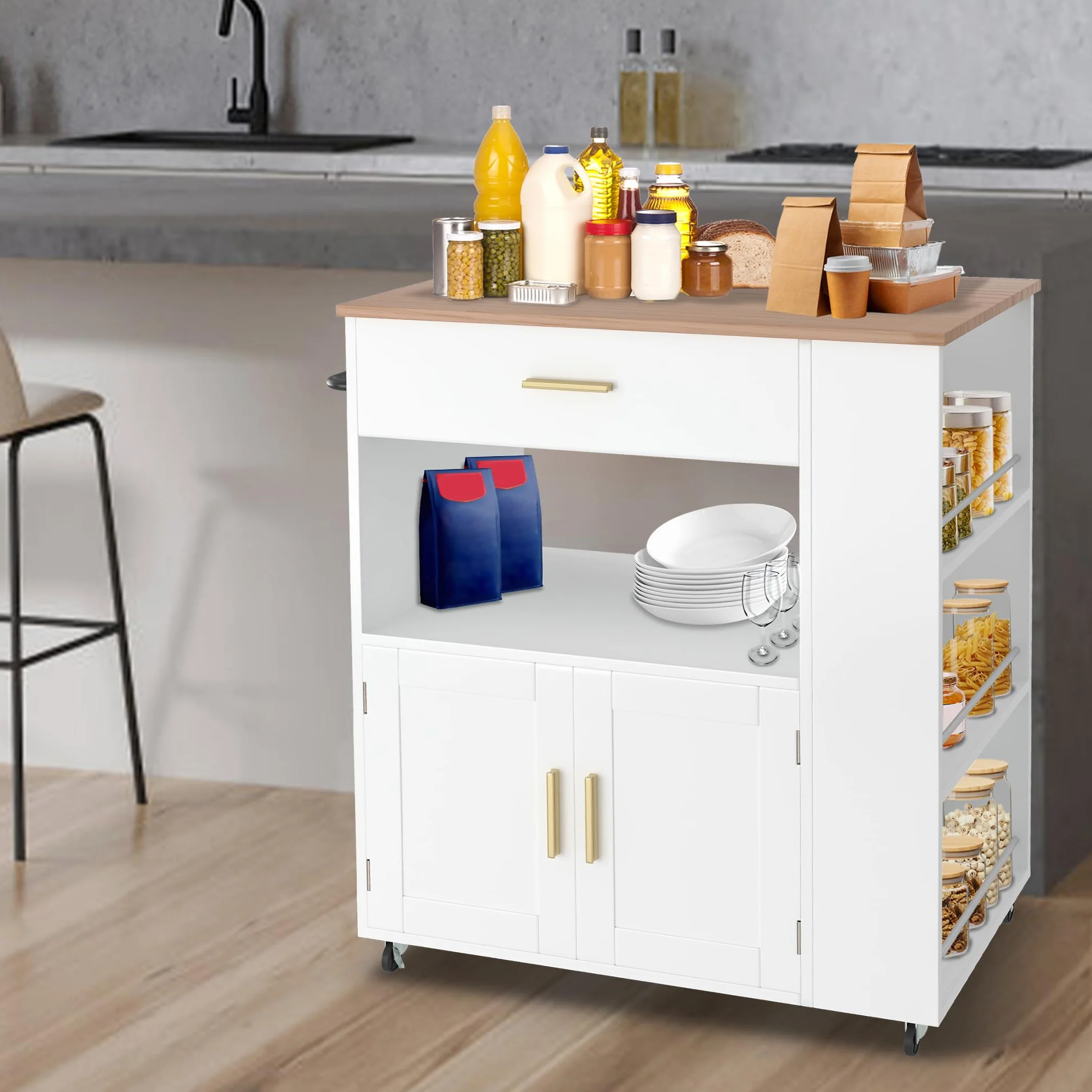 SUBTLETY 75 x 46 x 93 cm, ruchome wyspy kuchenne z płyty MDF, wózek kuchenny z szufladą, półką i półkami, wózek z blatem roboczym, obciążenie do 50 kg, wózek do jedzenia na imprezę (z regałem na